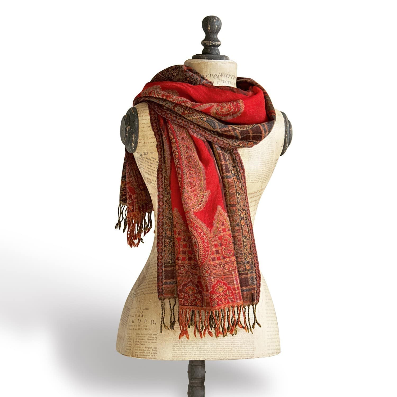 Schal Latette Roter Schal mit Paisley-Muster und Fransen auf Schneiderpuppe, weiches Material, modisches Accessoire