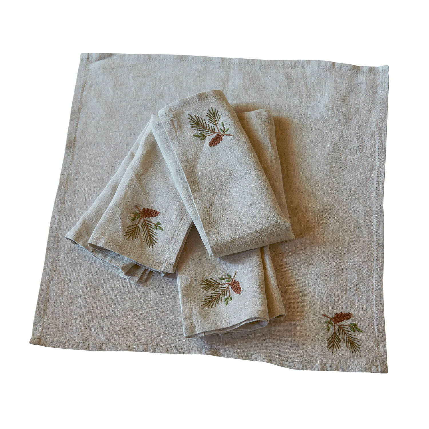 Serviette 4er Set Arlida Beige Leinen-Servietten mit bestickten Tannenzapfen und Zweigen, natürliche Tischdekoration