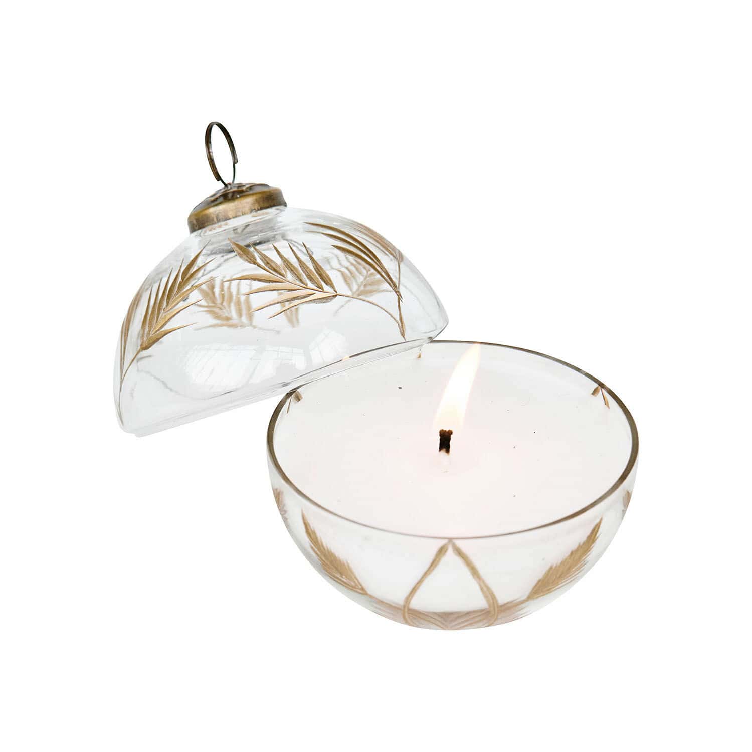 Windlicht mit Kerze Belathor Duftkerze in klarem Glas mit goldenem Blattmuster, dekorativ und elegant für gemütliche Atmosphäre