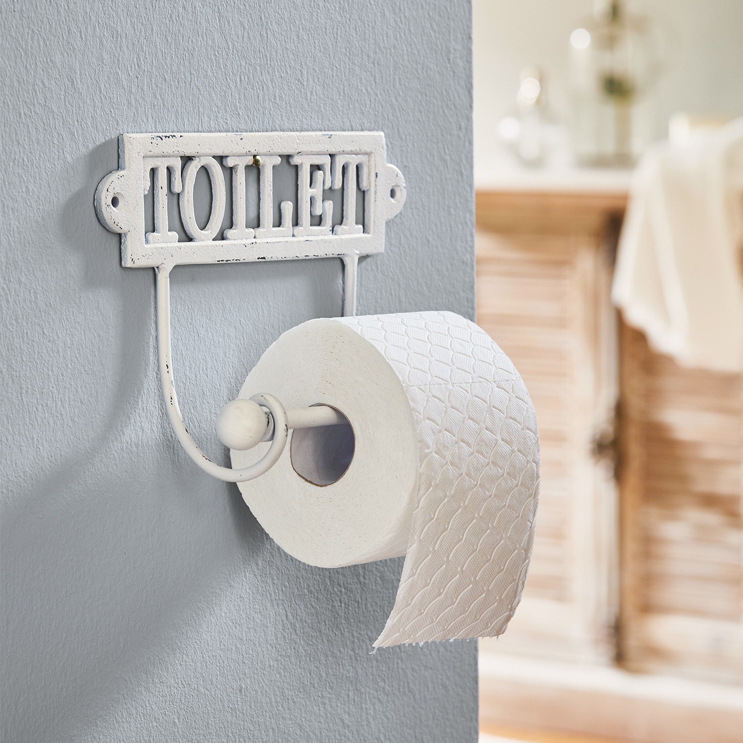 Toilettenpapierhalter Miramas Weißer Metall-Toilettenpapierhalter mit Schriftzug TOILET im Vintage-Stil für Badezimmer