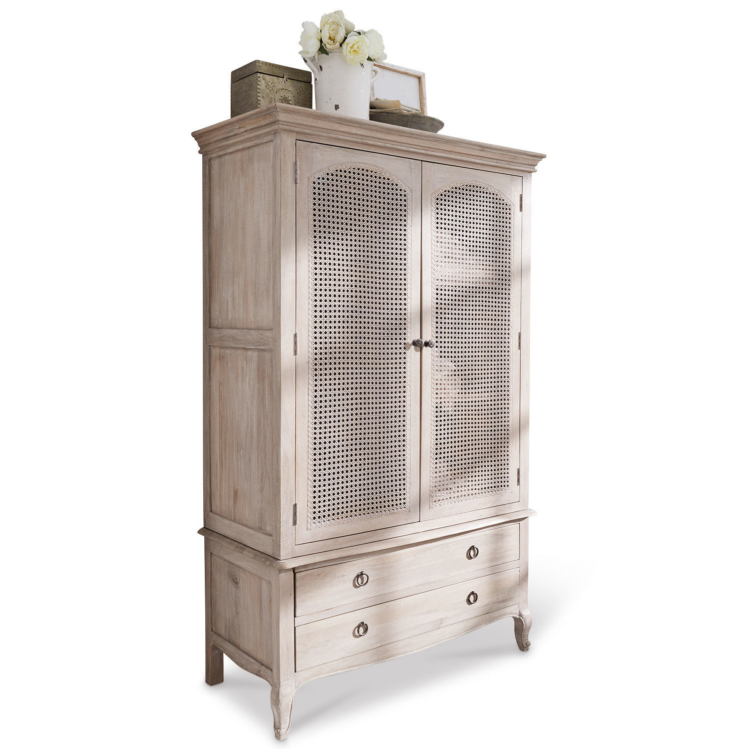 Schrank Truso Helle Holzkommode mit geflochtenen Türen und Schubladen, eleganter Stauraum für Wohnzimmer