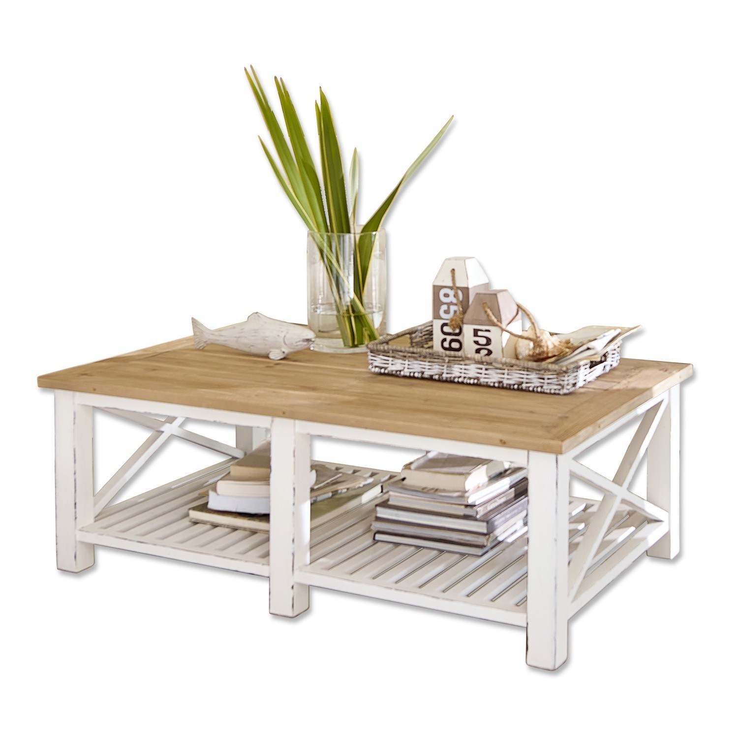 Couchtisch Medfield Couchtisch aus Holz mit weißem Gestell und Ablagefläche, dekoriert mit Pflanze und Korb