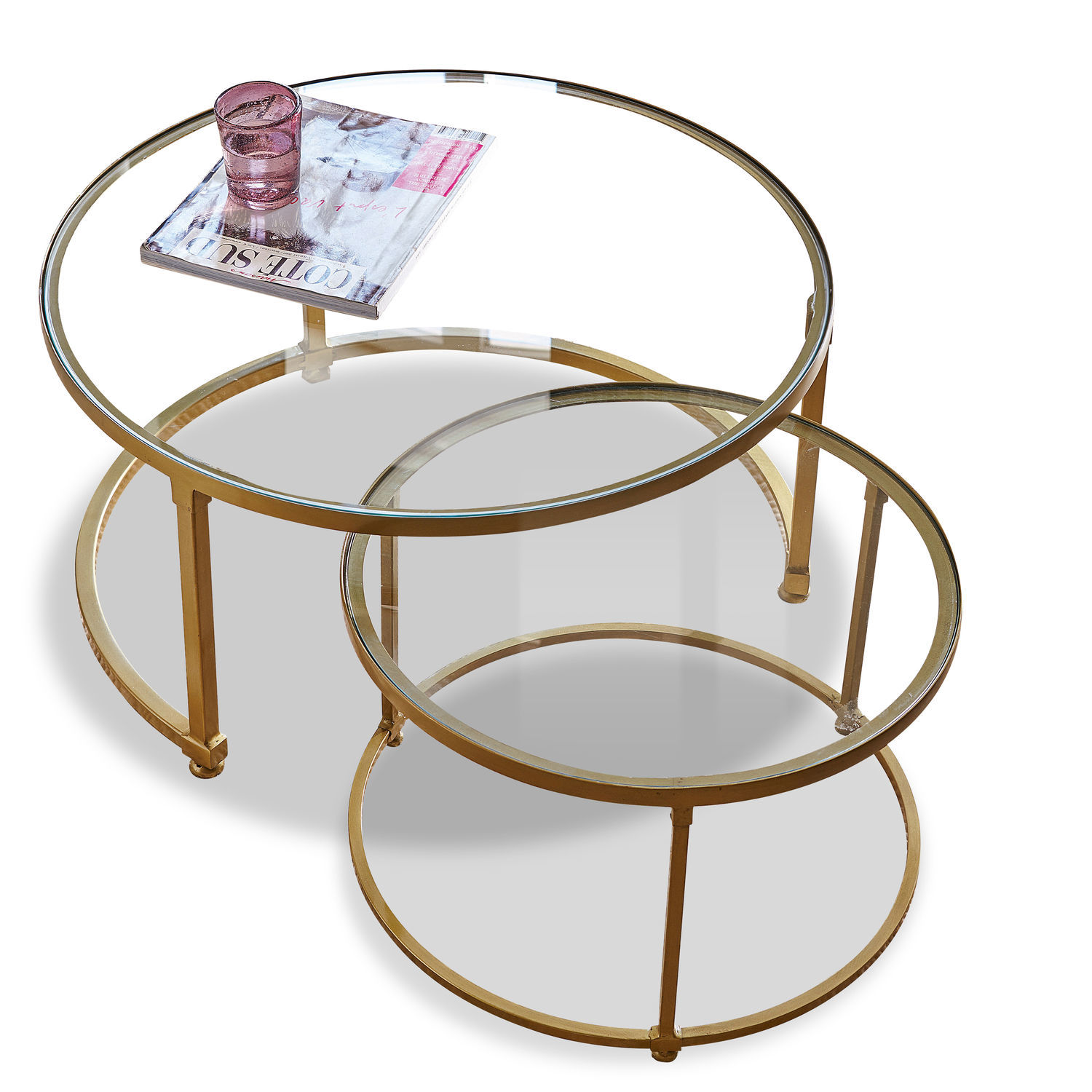 Couchtisch 2er Set Caraman Zweiteiliges Set runder Couchtische mit Glasplatte und goldfarbenem Metallgestell für Wohnzimmer