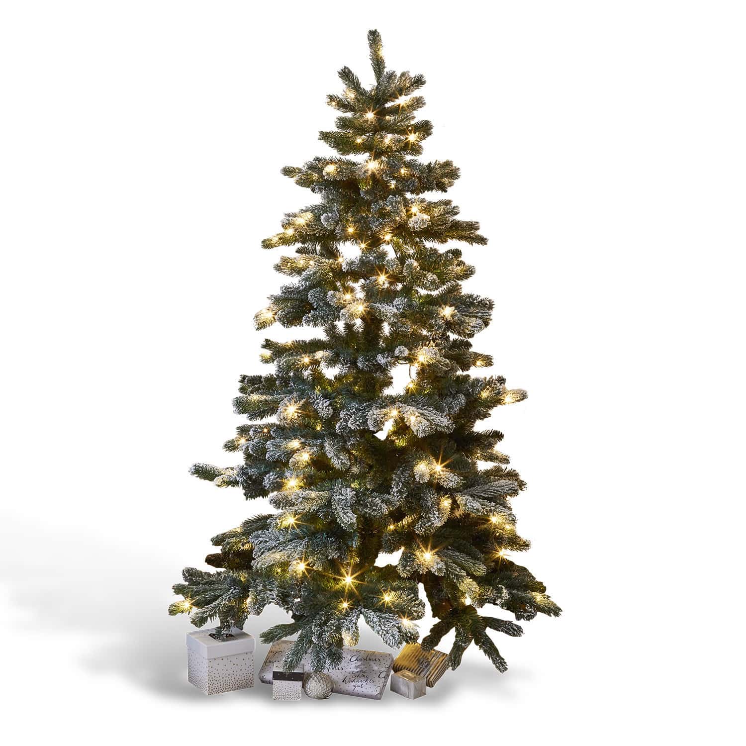 Weihnachtsbaum Mannier Künstlicher Weihnachtsbaum mit schneebedeckten Zweigen und warmen LED-Lichtern, Geschenke darunter
