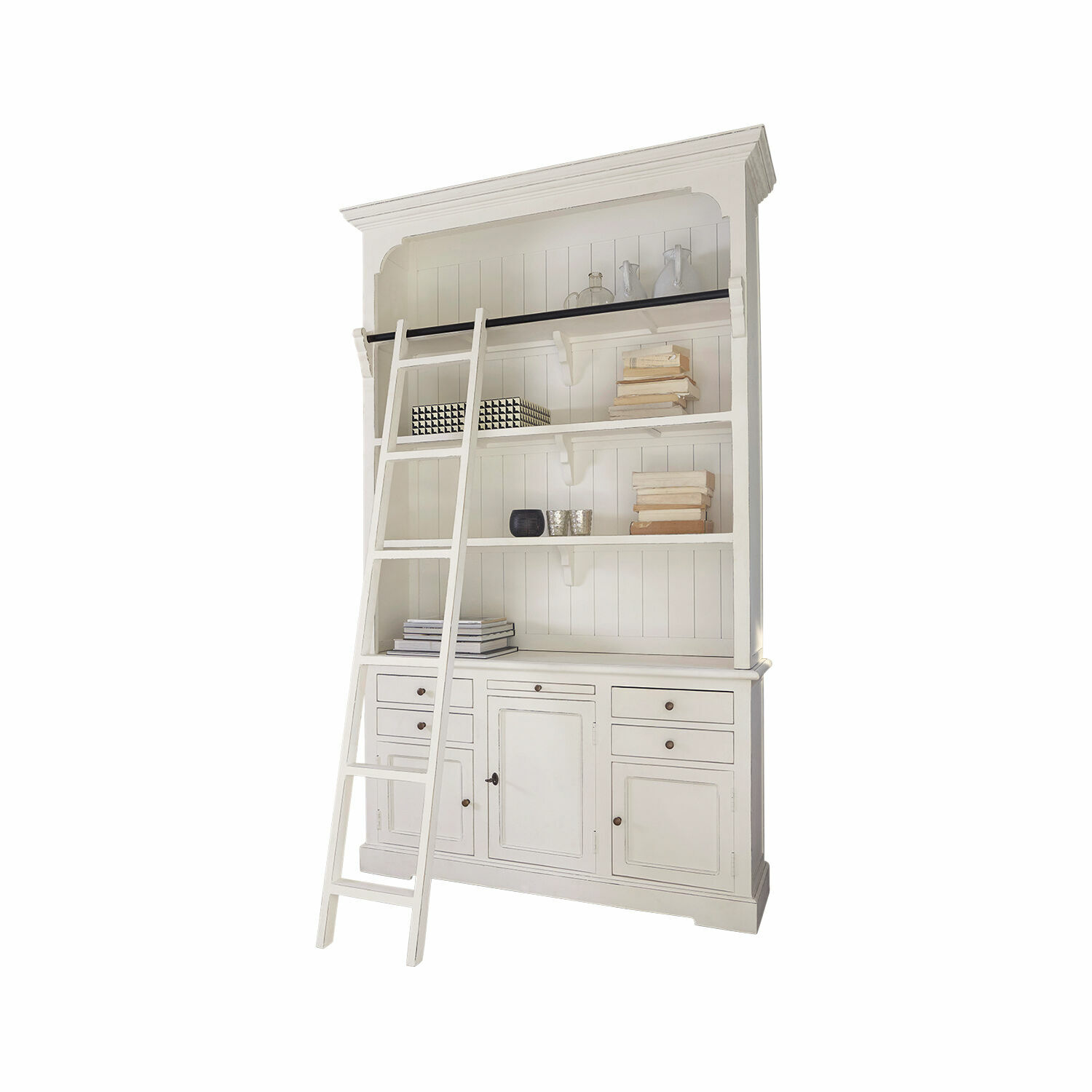 Schrank Monts Weiße Holzvitrine mit Leiter und Regalen für Bücher und Dekoration im Wohnzimmer