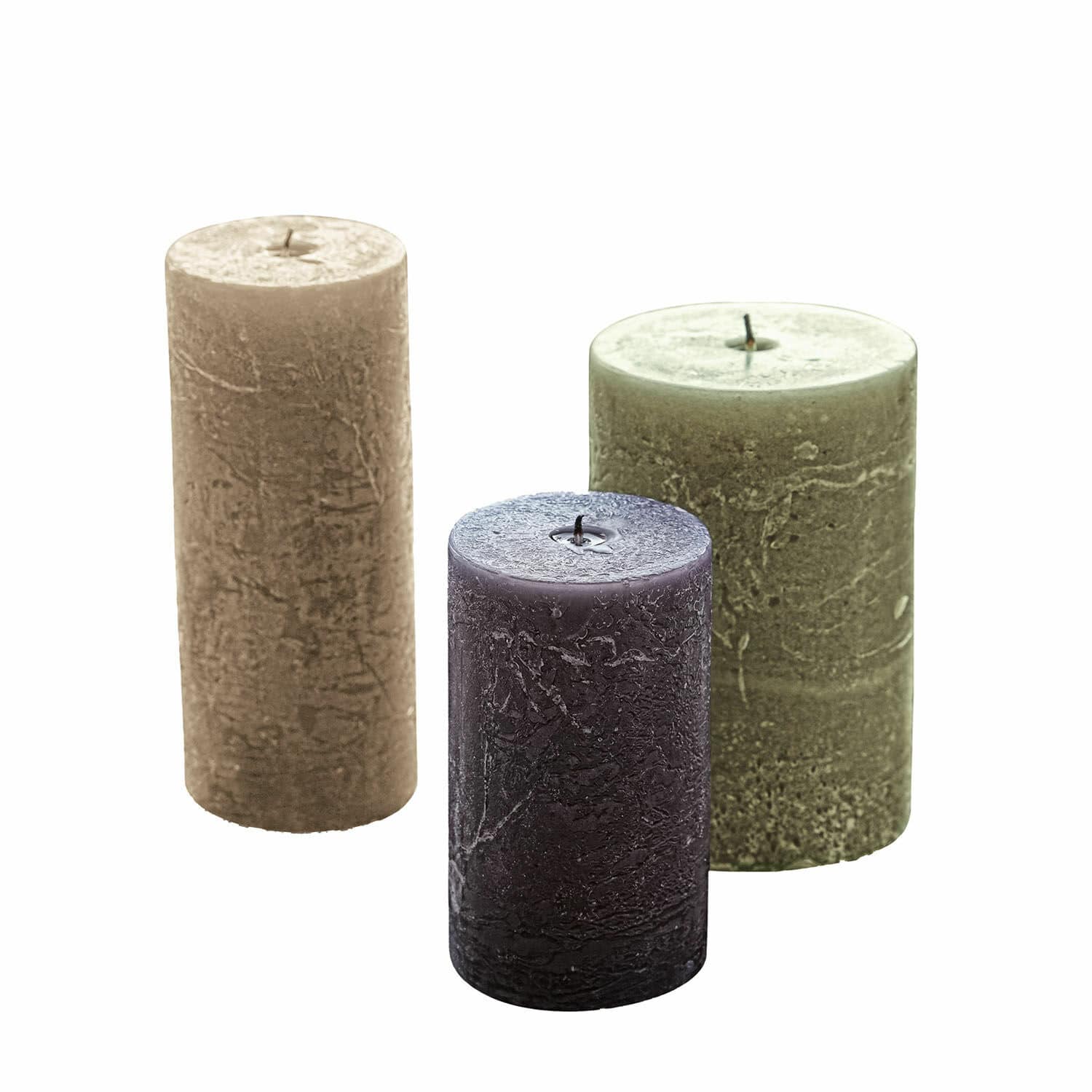Kerze 3er Set Pretin Set aus drei rustikalen Stumpenkerzen in Beige, Grün und Violett für Wohnraumdekoration