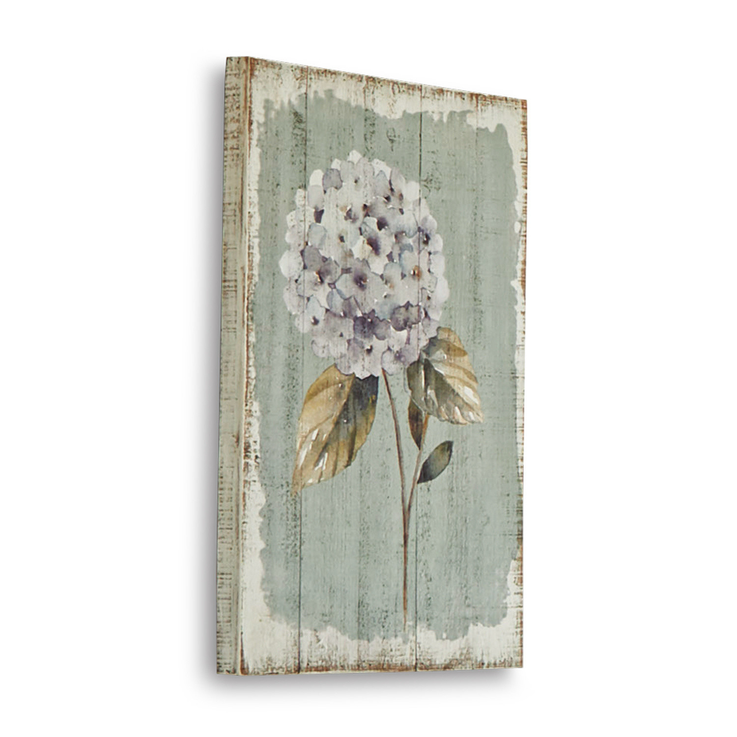 Dekoboard Isle Holzbild mit weißer Hortensienblüte auf grünem Hintergrund zur Wanddekoration