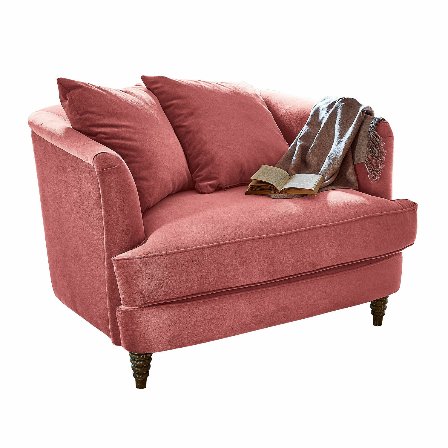 Sessel Etueffont Rosa Sofa aus weichem Stoff mit Kissen und graubraunem Plaid, gemütliches Wohnzimmermöbel