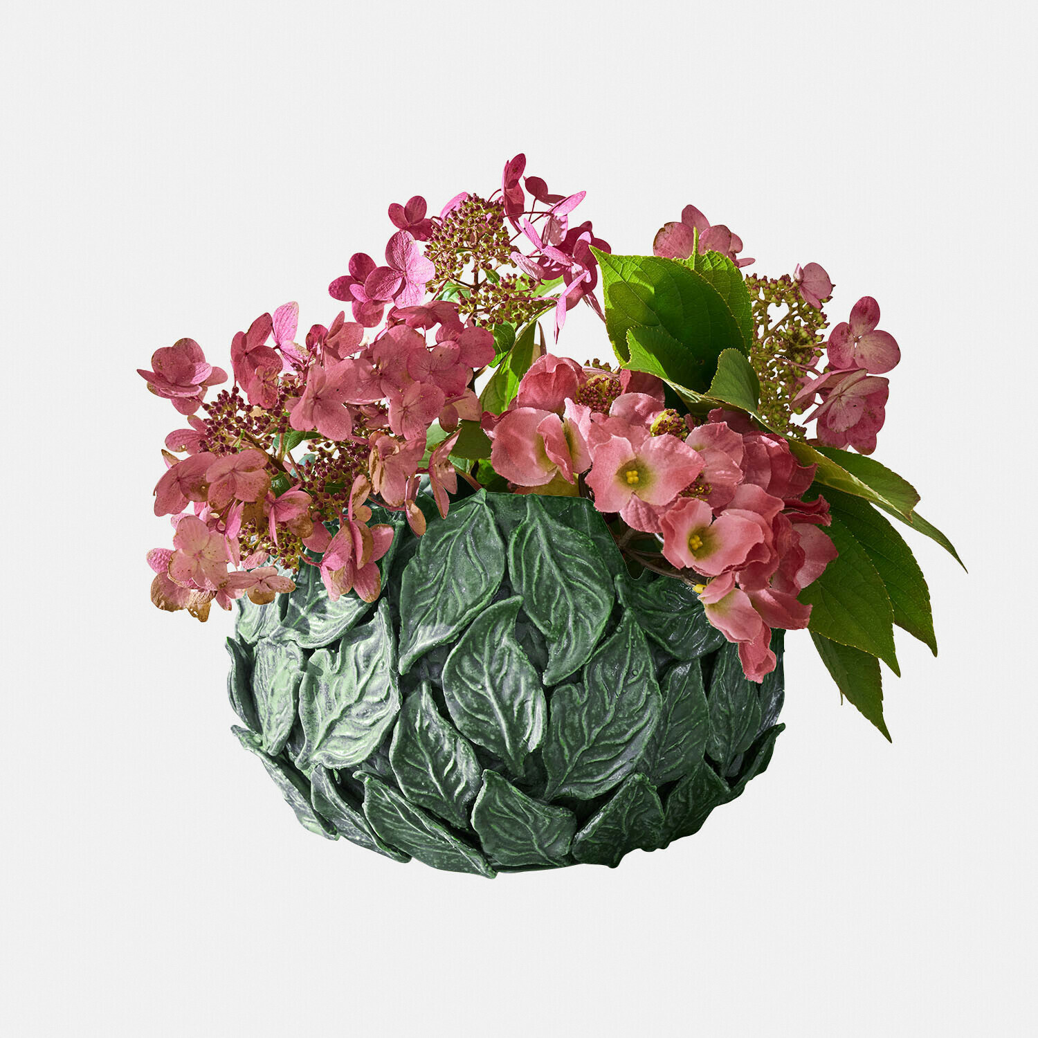 Vase Fiorabela Grüner Blätter-Übertopf mit rosa Hortensienblüten, dekorative Wohnaccessoire