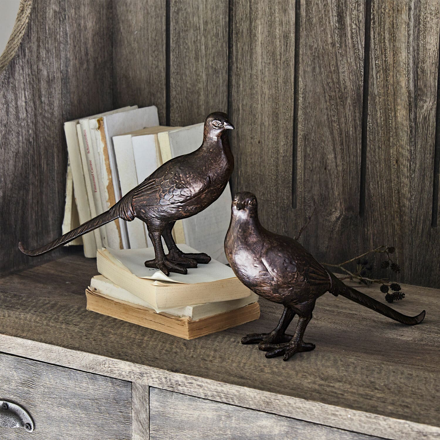 Deko-Vogel 2er Set Roddy Dekorative braune Metallvogel-Figuren auf Holzregal mit Büchern als Dekoobjekte