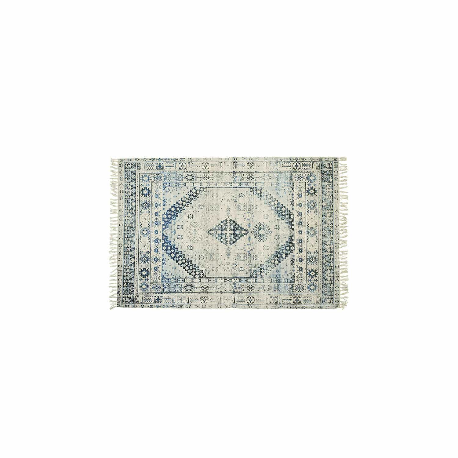 In- & Outdoor-Teppich Daly Baumwollteppich in Creme mit blauen Mustern und Fransen, stilvolle Bodendekoration
