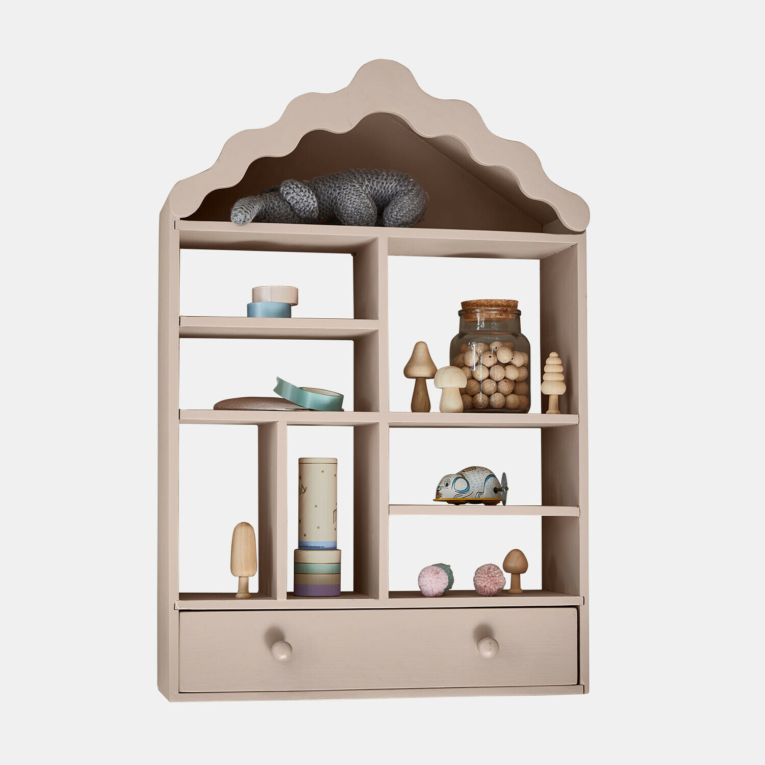 Kinderwandregal Minnora Beige Holzregal in Hausform mit Schublade und Holz- sowie Glasdekorationen