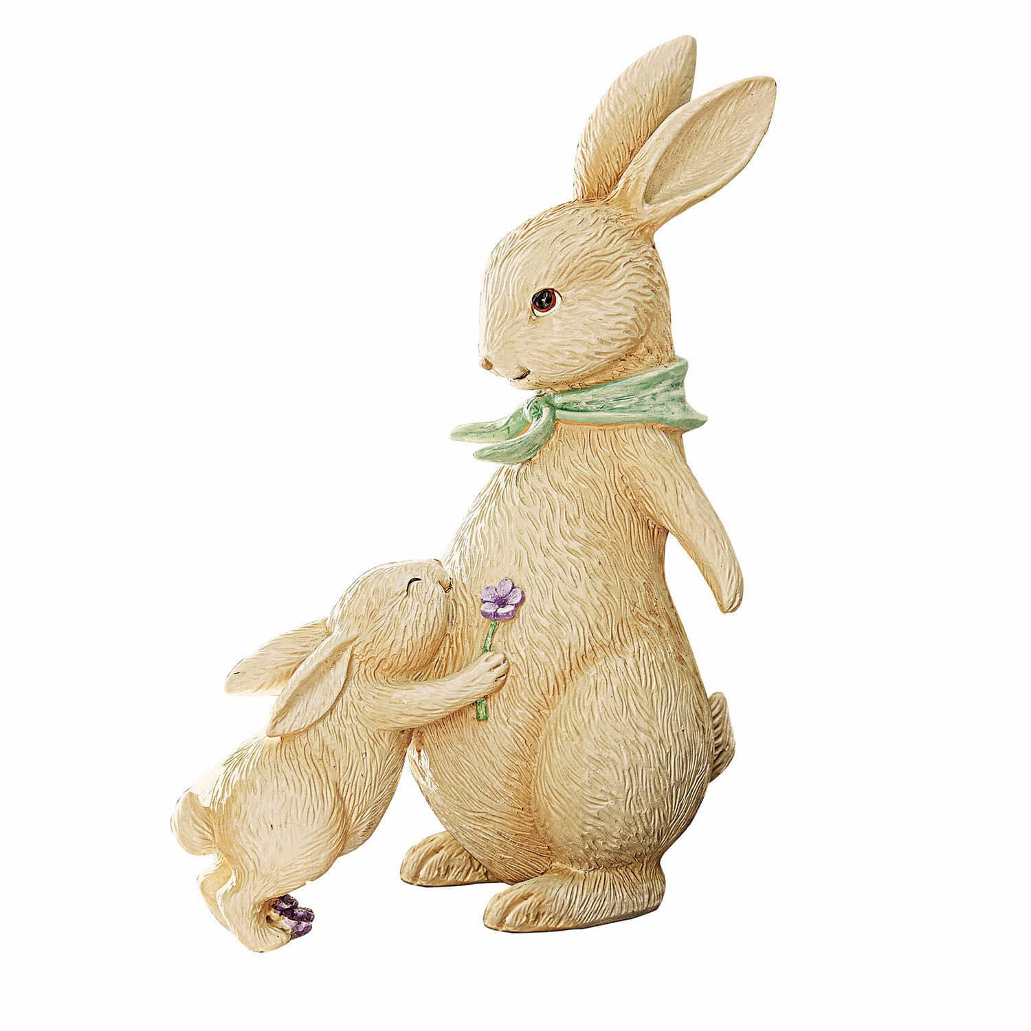 Deko-Hasen Susans Zwei Hasenfiguren aus Kunststoff in Beige mit grünem Halstuch und lila Blume, Frühlingsdeko