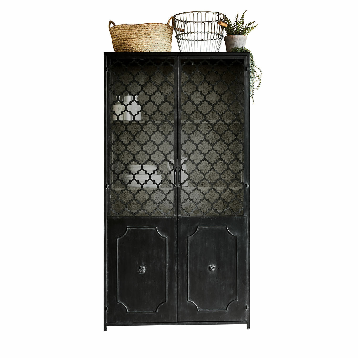 Schrank Astralon Schwarze Metallvitrine mit filigranen Türen und dekorativem Muster im Industrie-Stil