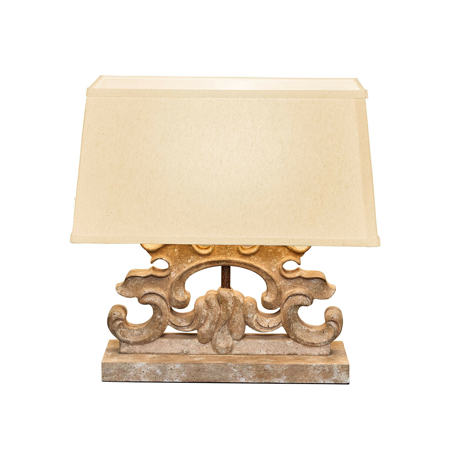 Tischlampe mit beigem Lampenschirm und dekorativem Steinsockel im Vintage-Stil