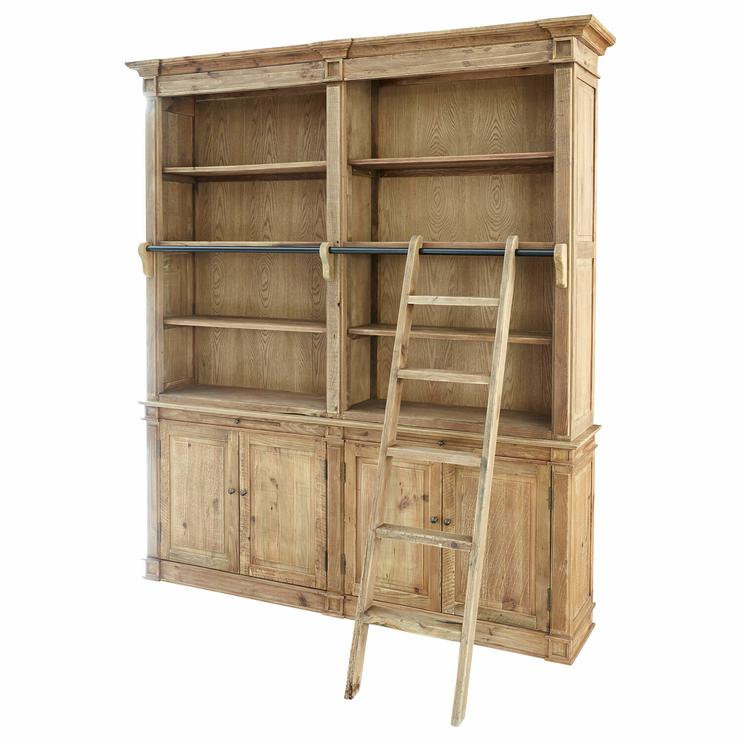 Schrank Livera Großes Bücherregal aus Naturholz mit Leiter und Regalböden für Wohnzimmer