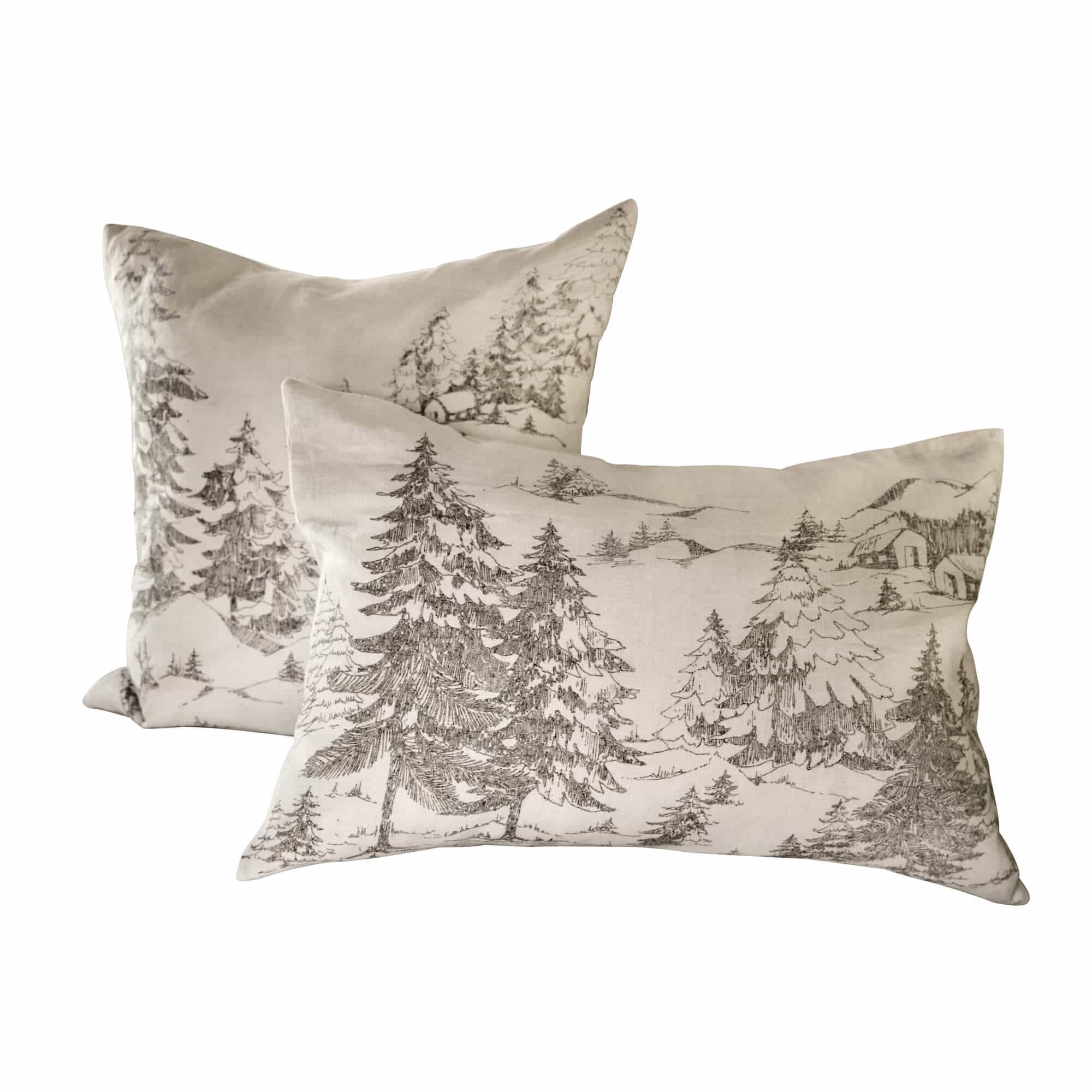 Set aus zwei beigen Leinenkissen mit Waldlandschaftsprint, dekorative Kissen für Wohnzimmer