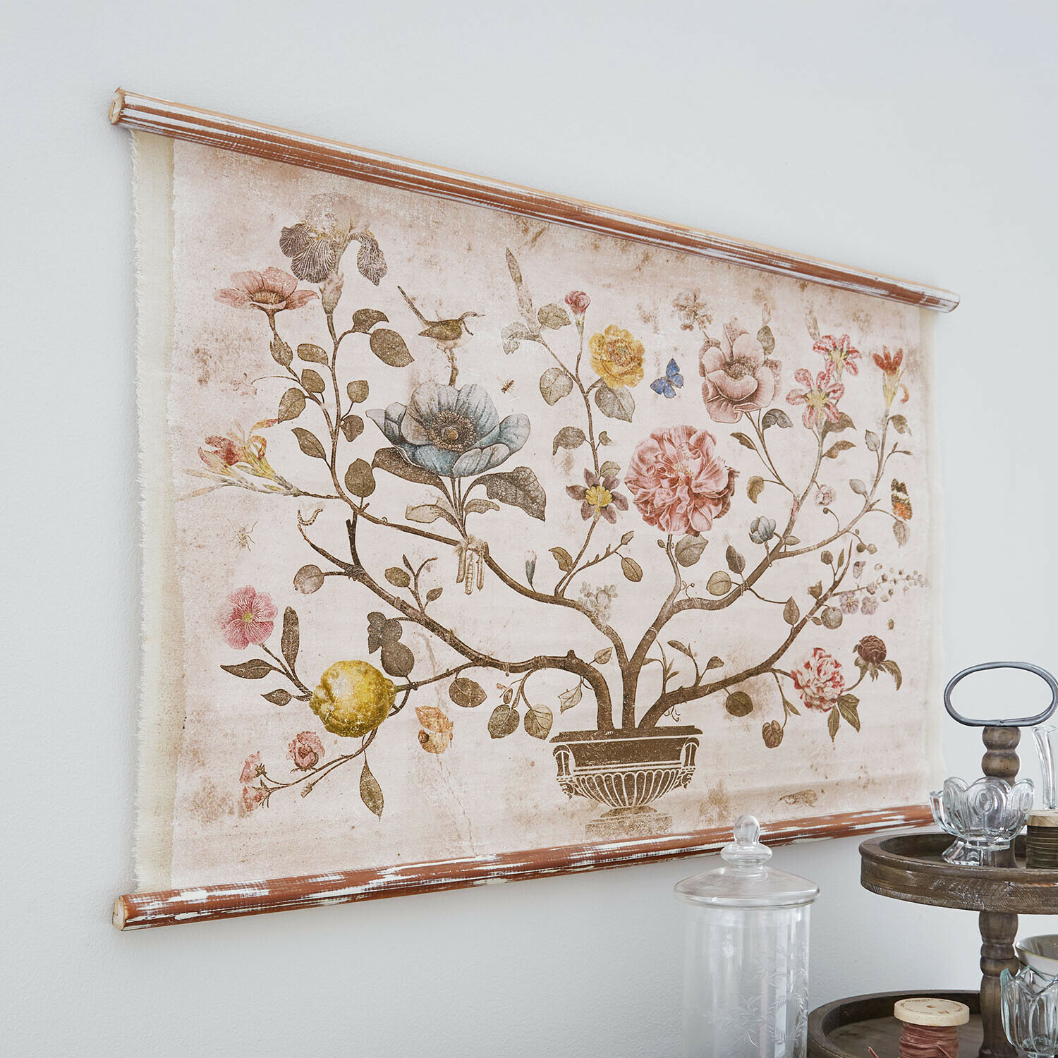 Wandbild Lueur d’Aube Dekoratives Leinwandbild mit Blumen- und Vogelmotiv in Pastellfarben für Wohnzimmer