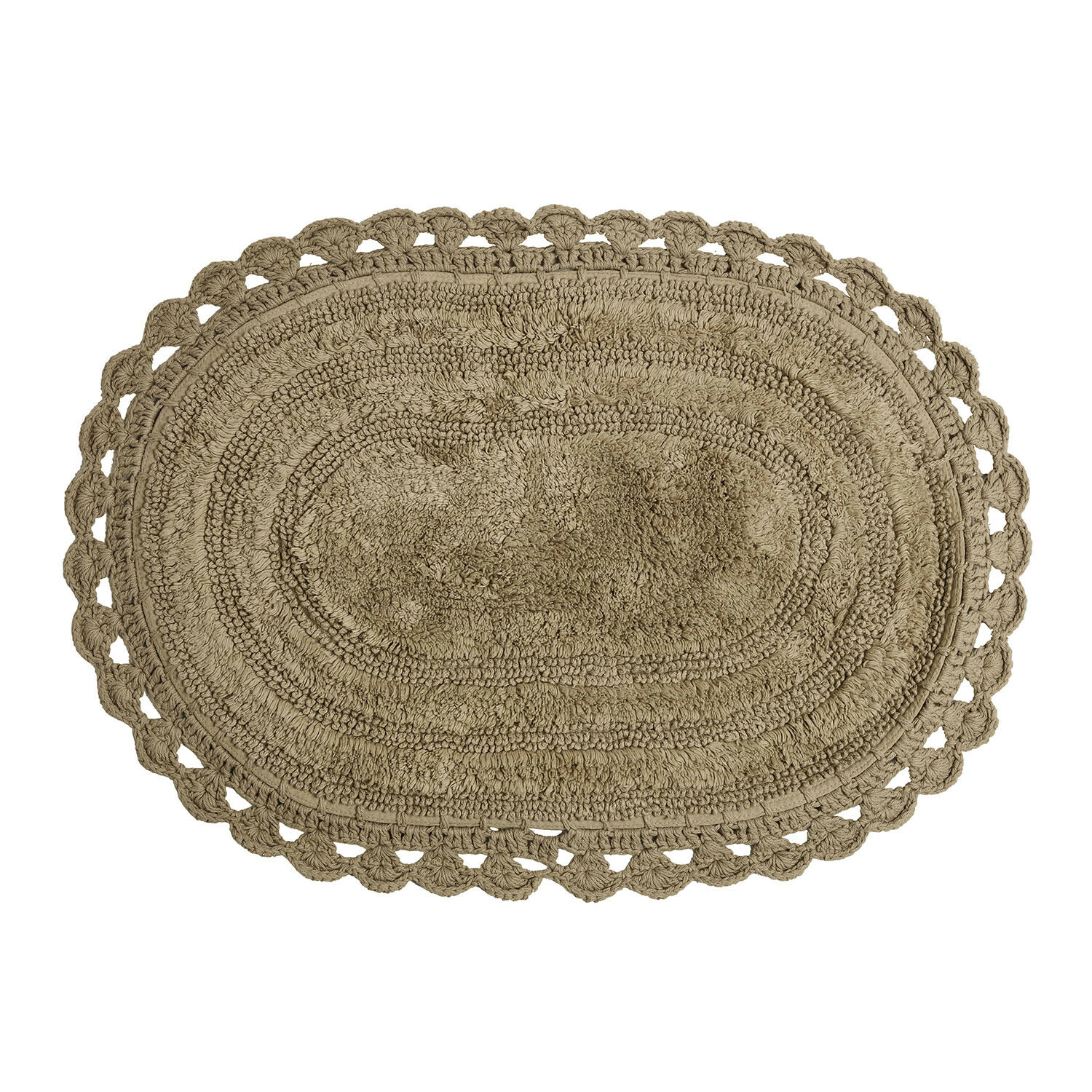 Braune ovale Badematte Calouise aus weichem Material mit dekorativem Rand, rutschfest