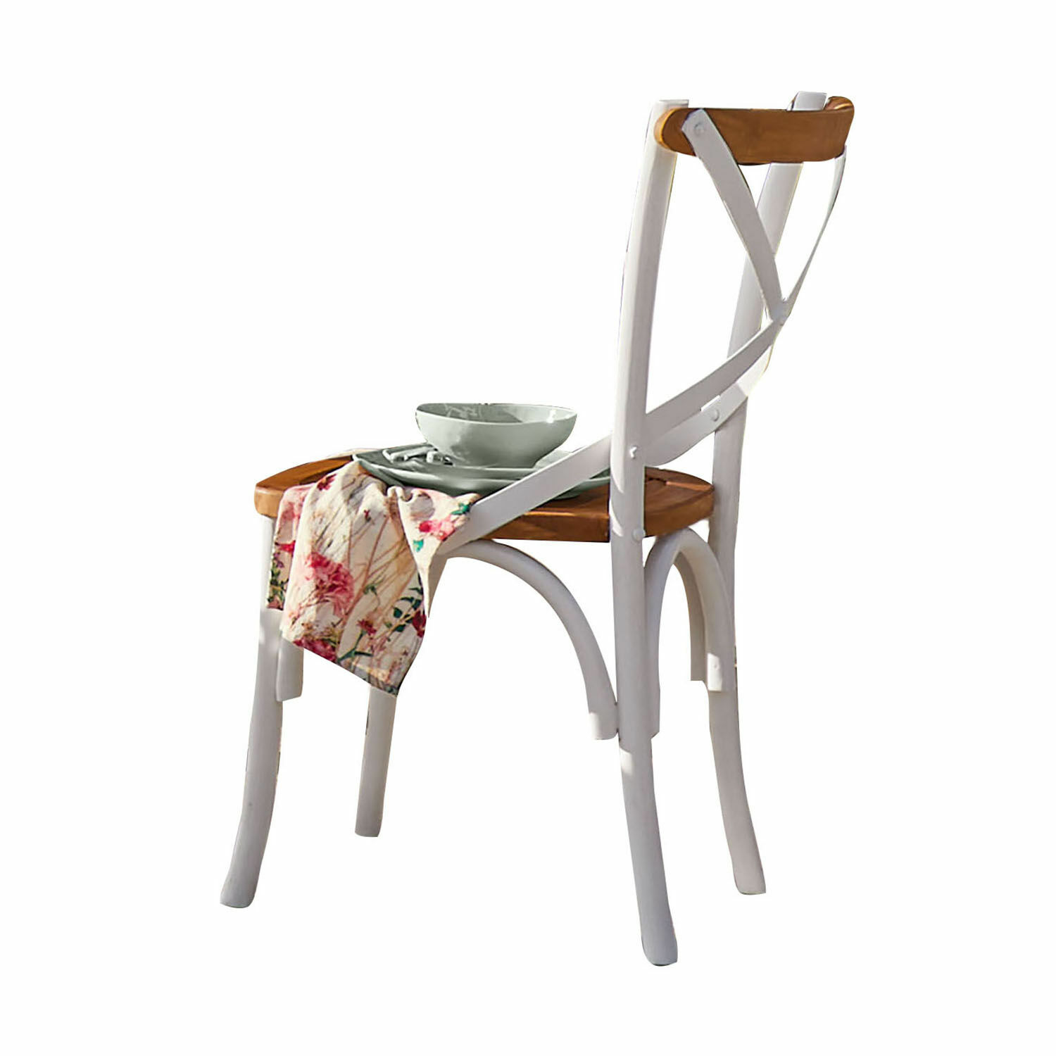 Stuhl Kirkdale Stuhl aus weißem Holz mit braunem Sitz, Stofftuch und Geschirr auf dem Sitz