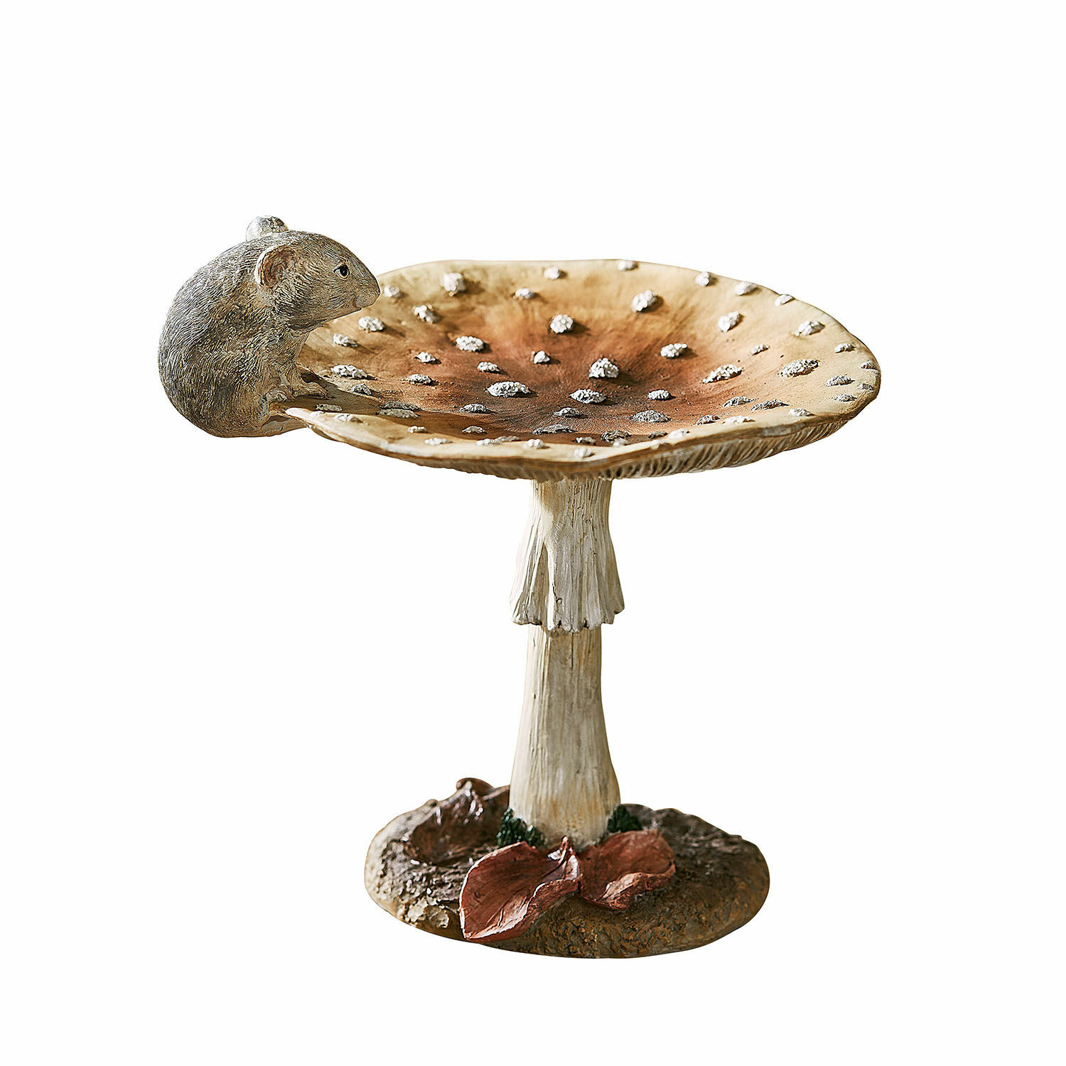 Deko-Pilz Isolise Dekorative Pilzschale aus Harz mit braunen Blättern und grauer Maus für Garten-Deko