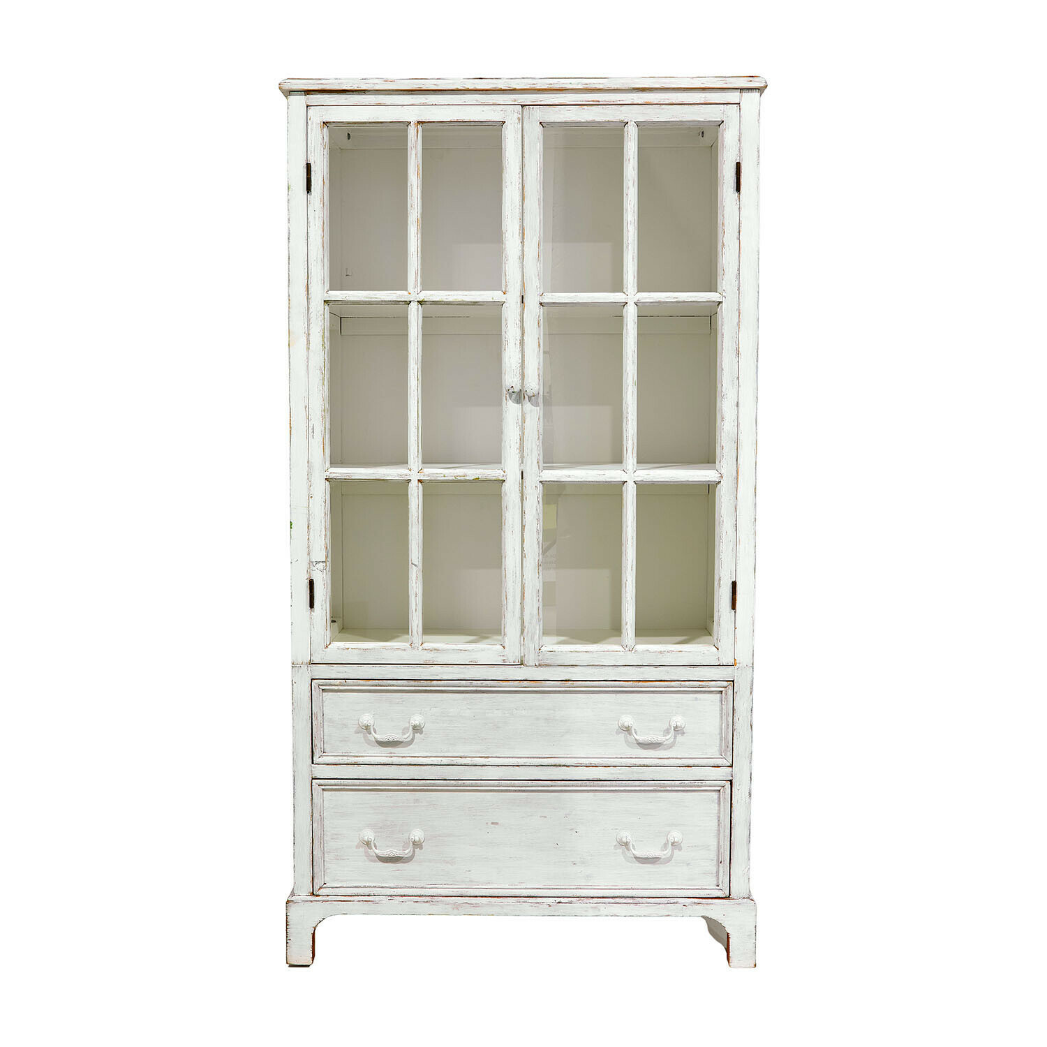 Schrank Jarrowfield Weiße Holzvitrine mit Glastüren und zwei Schubladen im Vintage-Stil