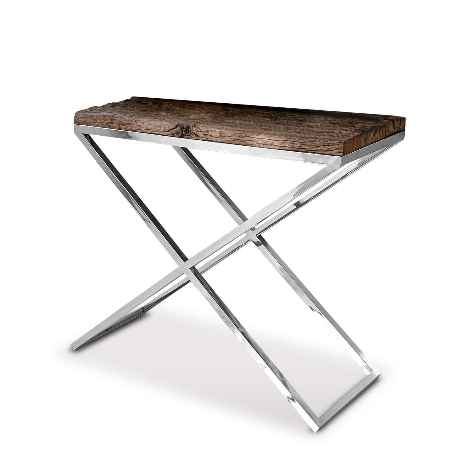 Konsole Conor Moderner Hocker mit dunkler Holzplatte und silbernem Metallgestell für Wohnzimmer