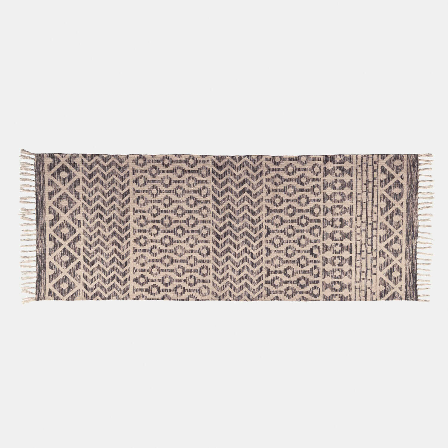 In- & Outdoor-Fußmatte Champigny Baumwollteppich in Creme mit schwarzen geometrischen Mustern und Fransen, Wohnraumdekoration