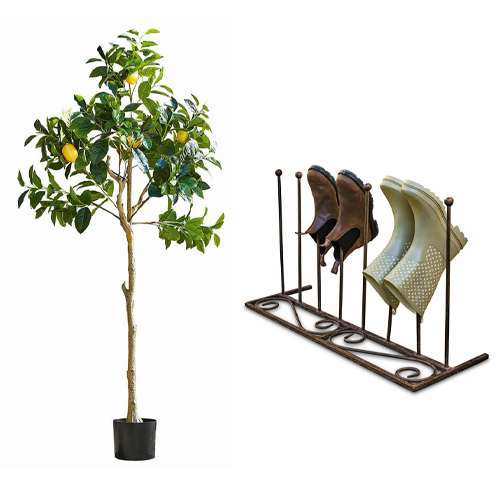 Künstlicher Zitronenbaum mit grünen Blättern und gelben Früchten in schwarzem Topf, Wohnaccessoire