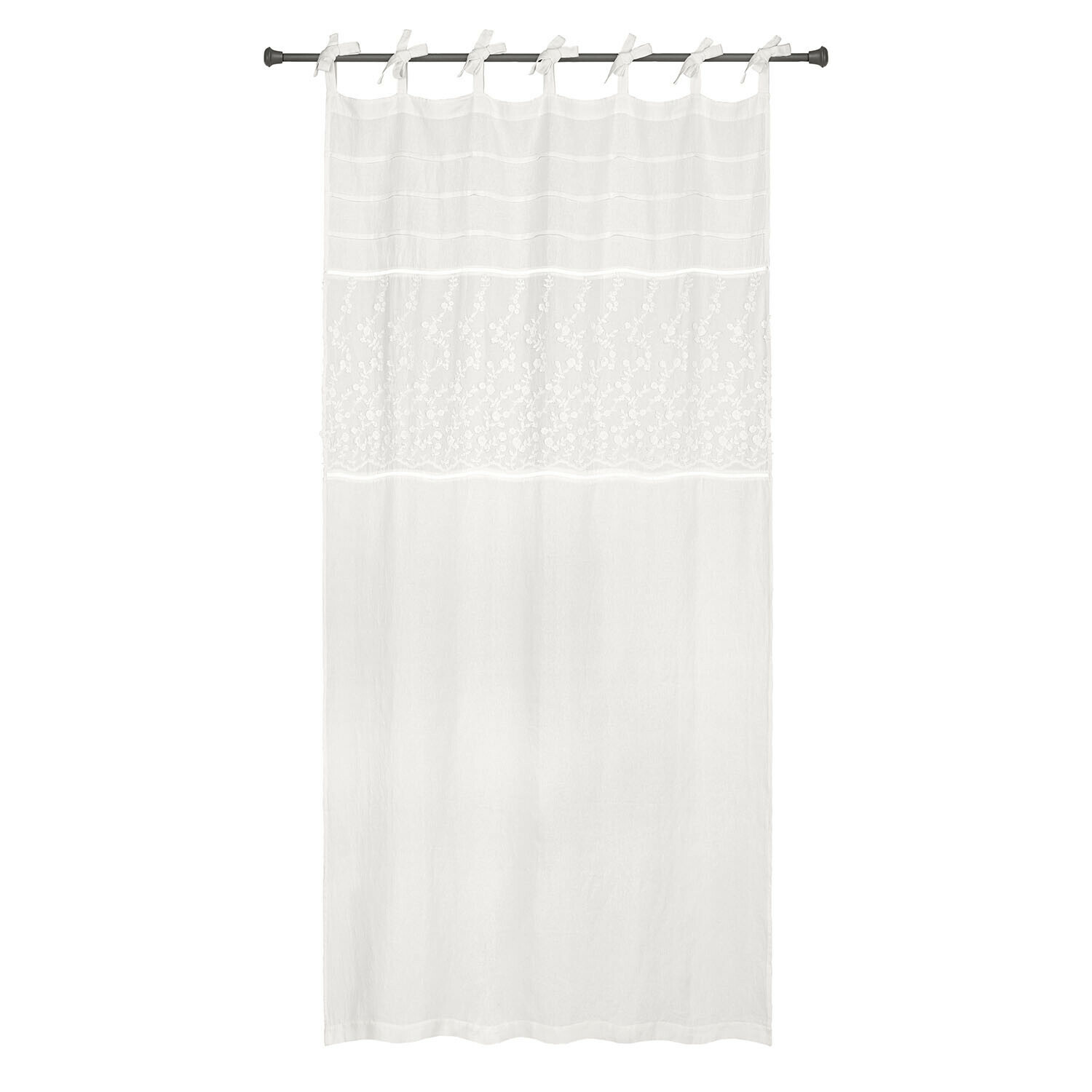 Weiße Baumwollgardine mit zarter Stickerei und Bindeschlaufen für Fensterdekoration