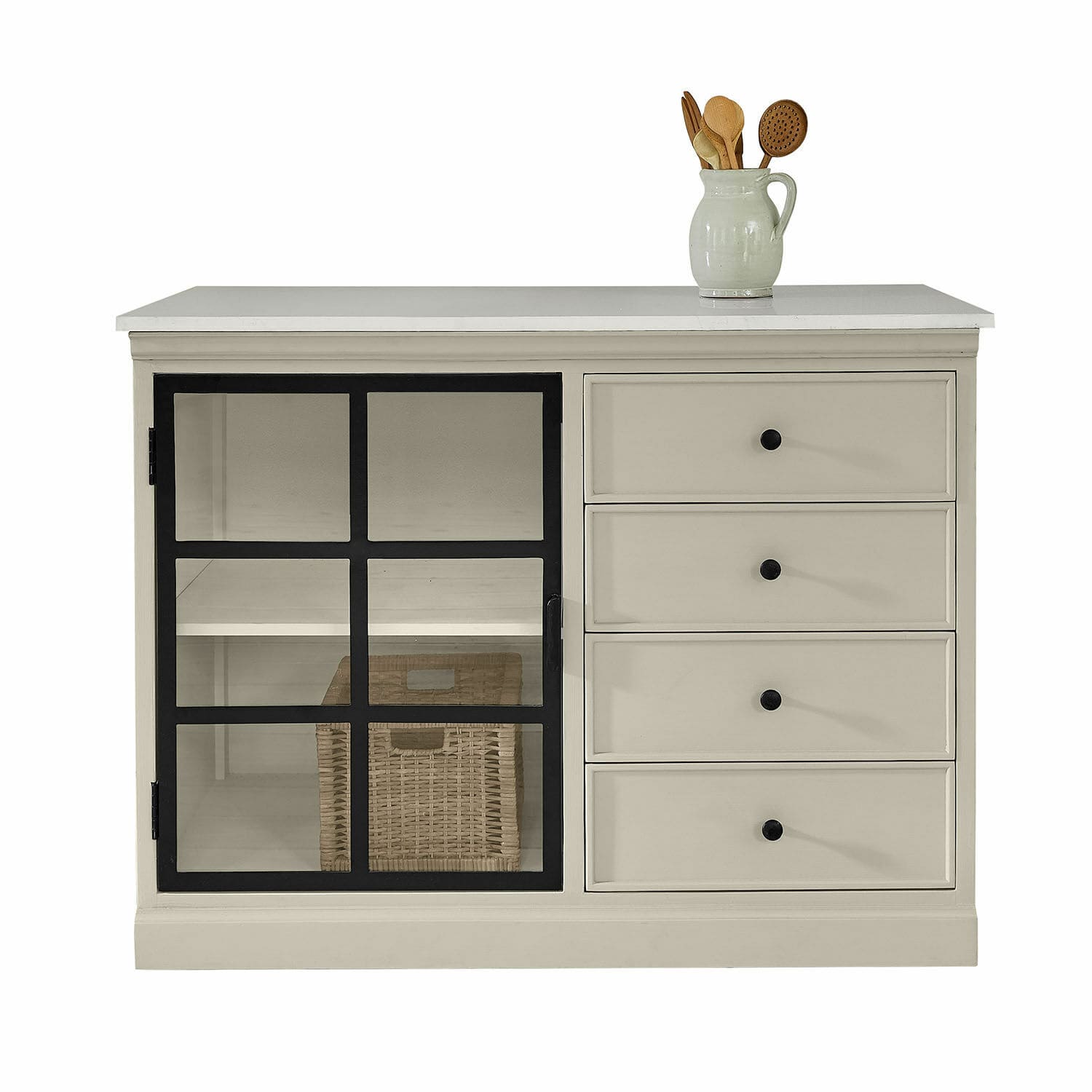 Schrank Orlévine Beige Kommode mit schwarzer Metalltür und vier Schubladen zur Aufbewahrung im Wohnzimmer