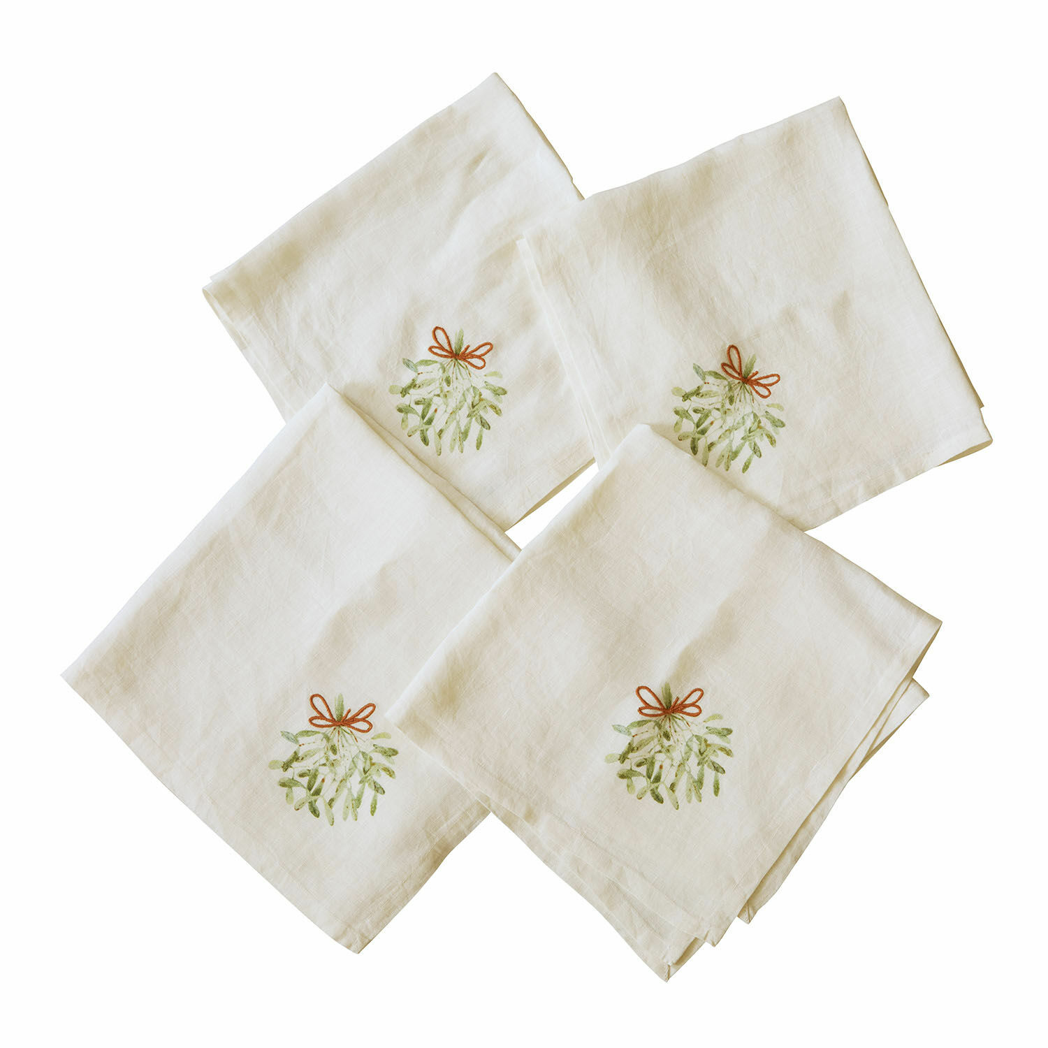Serviette 4er Set Mistletoe Vier ecrufarbene Leinenservietten mit Stickerei von Mistelzweig und roter Schleife für Tischdeko