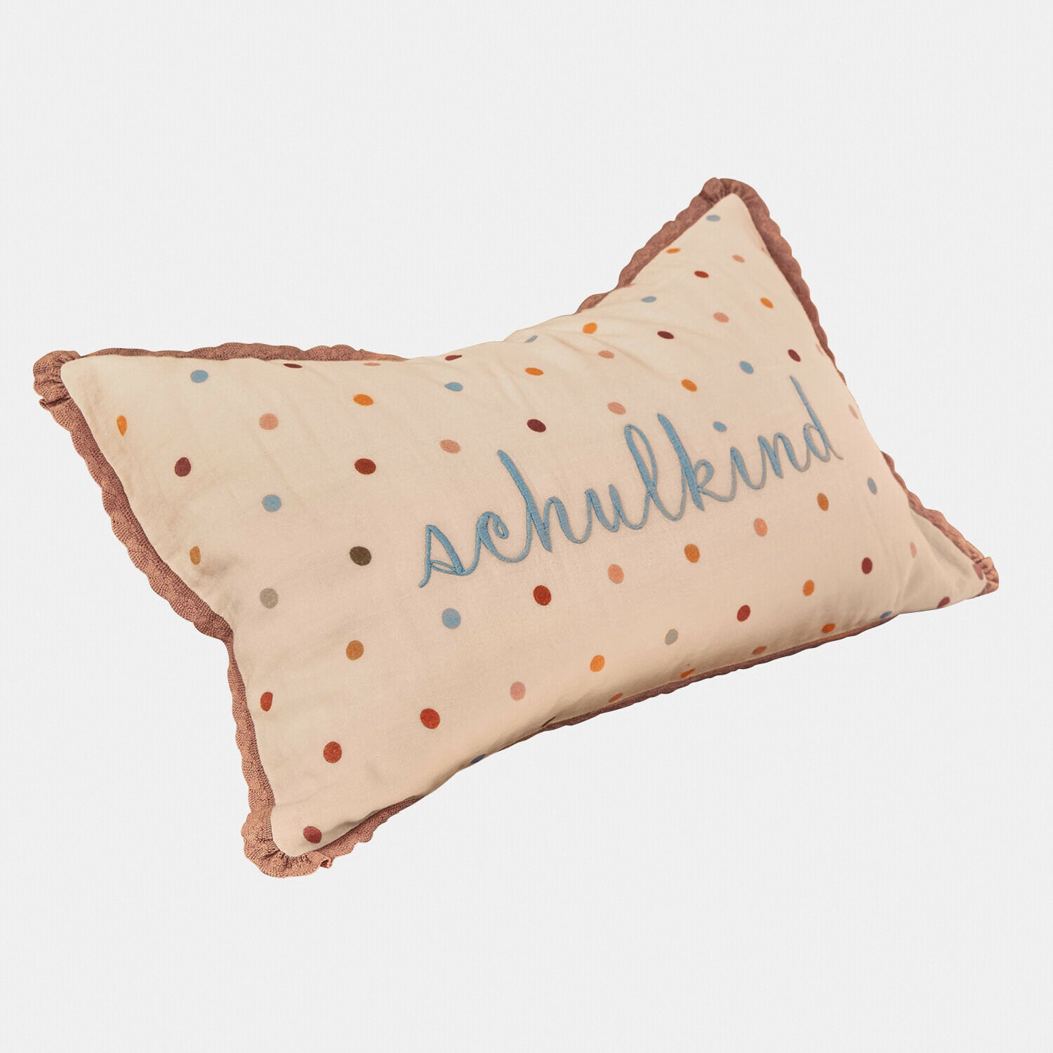 Beige Baumwollkissen mit bunten Punkten und Schriftzug Schulkind, Kinderzimmer Dekoration