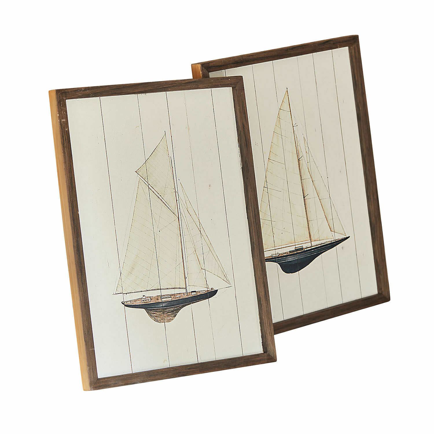 Wandbild 2er Set Lemoux Zwei Holzbilder mit Segelbooten auf weißem Hintergrund, maritime Wanddekoration