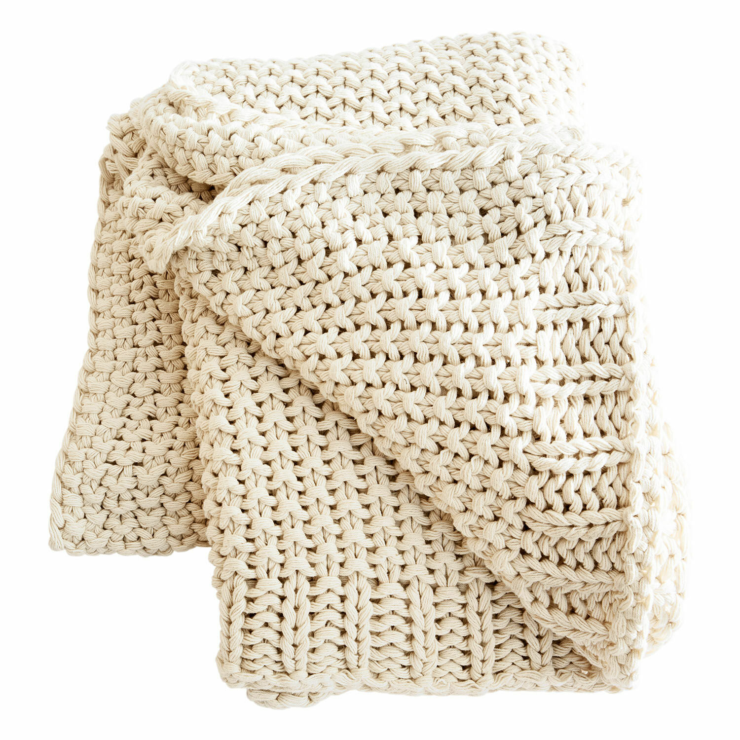beige Beige Plaid aus grob gestrickter Baumwolle, ideal zum Dekorieren und Wärmen im Raum.