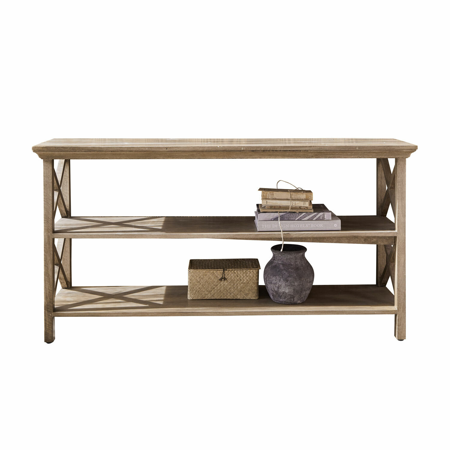 Konsole Vélu Konsole aus hellem Holz mit zwei Ablageflächen, dekoriert mit Büchern und einem dunklen Keramikvase