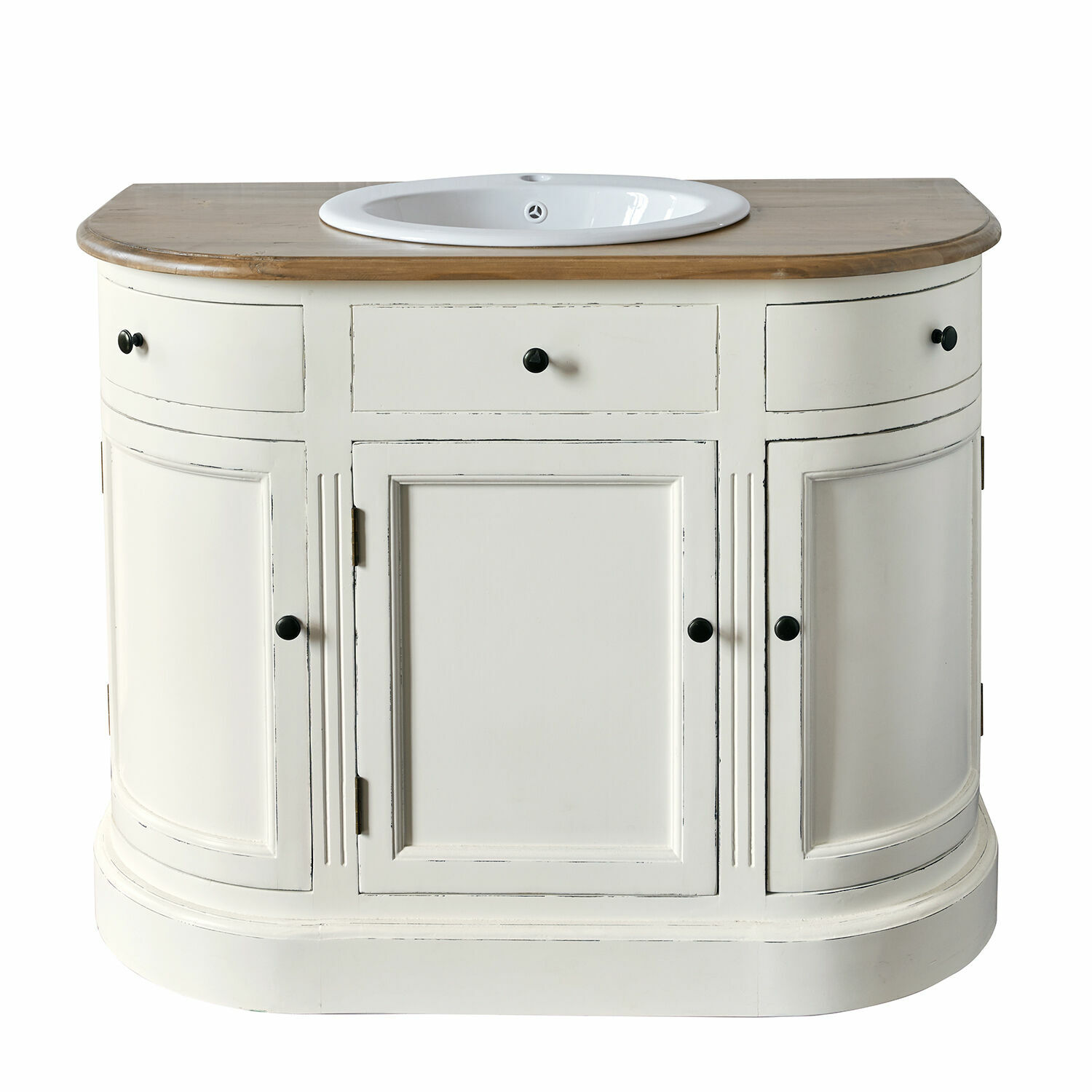 antikweiß/braun Waschtisch Louisiana in antikweiß mit braunem Holzplatte und weißer Keramikspüle im Vintage-Stil