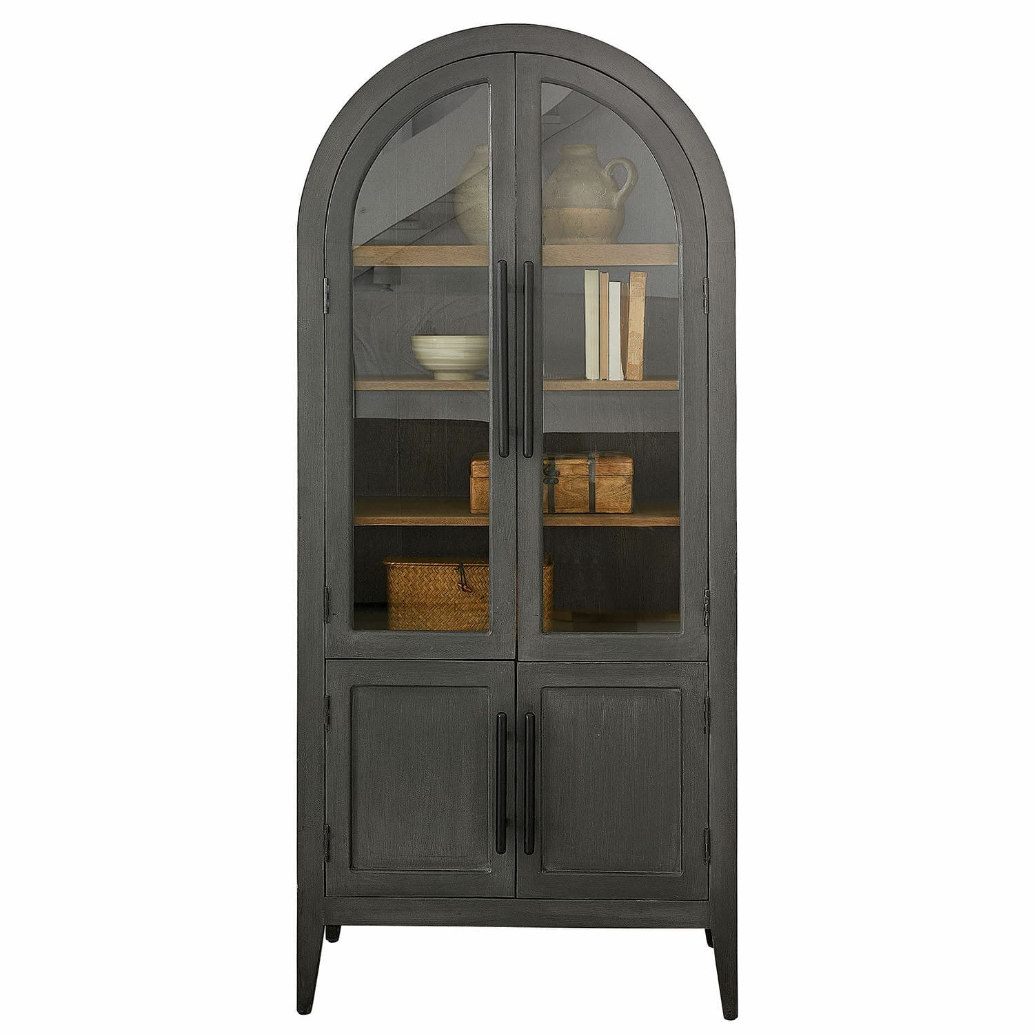 Schrank Chaloraine Schwarze Metallvitrine mit Glastüren und Holzregalen für stilvolle Aufbewahrung