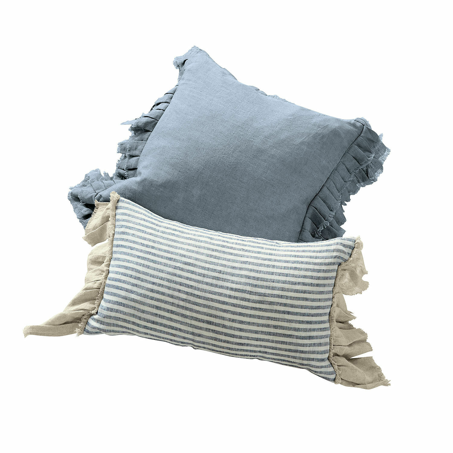 Kissenhülle 2er Set Alexane Set aus zwei dekorativen Leinenkissen in Blau und Beige mit Rüschen für Wohnzimmer