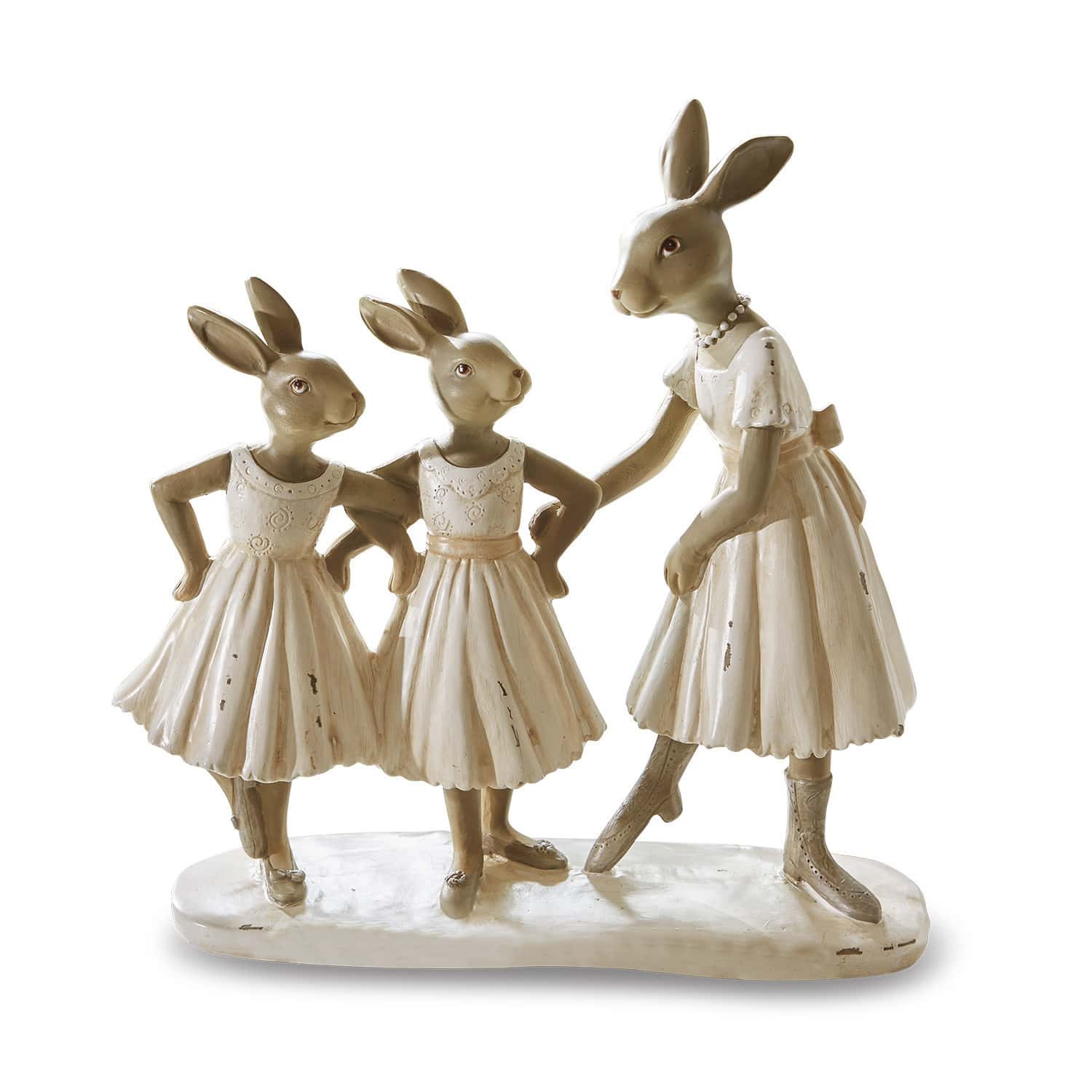 Hasen Danseuses Figur aus Material mit drei Hasen in cremefarbenen Kleidern, dekorative Oster-Deko fürs Zuhause