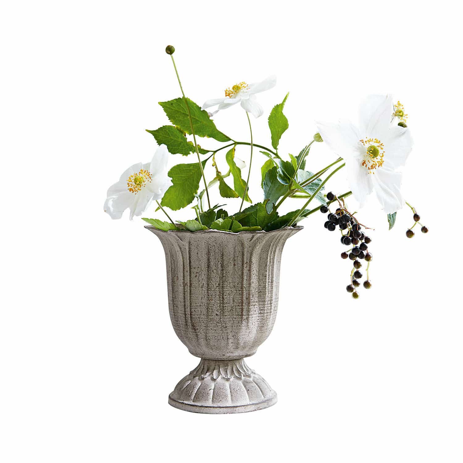 Vase Hanson Graue Keramikvase mit weißen Blumen und grünen Blättern als Wohnaccessoire