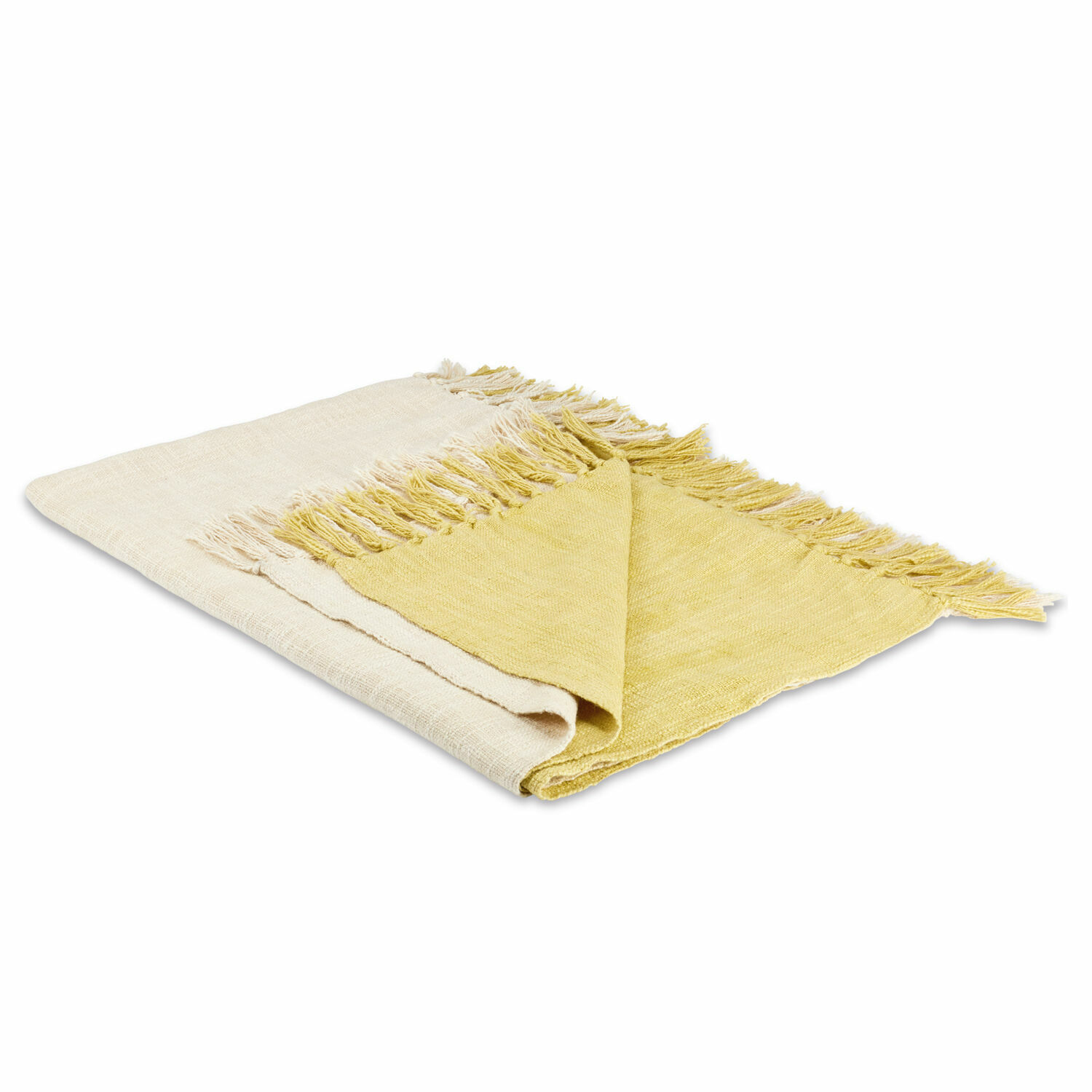 Plaid Aurice Wendedecke aus Baumwolle in Creme und Gelb mit Fransen, weich und dekorativ