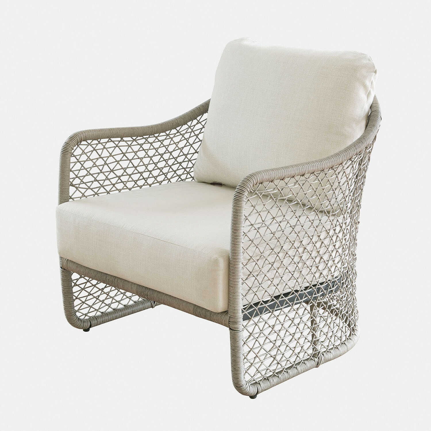 Sessel mit beigem Polster und grauem Geflecht aus Rattan, moderner Lounge-Möbelstück