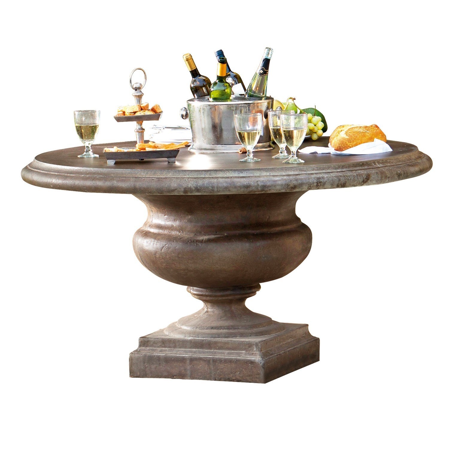 Tisch Monterey Runder brauner Steintisch mit Weinflaschen und Snacks auf der Tischplatte