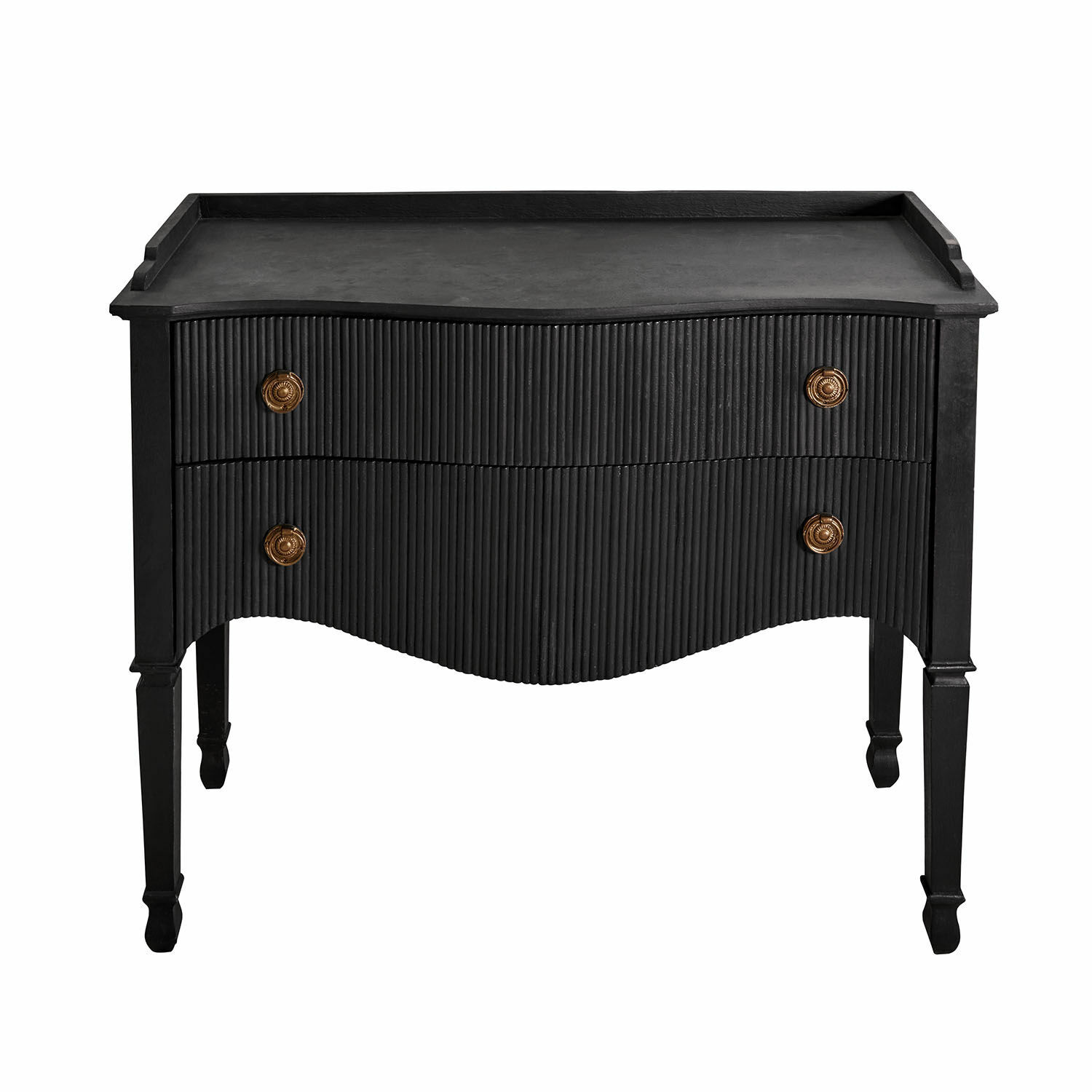 Schwarze Kommode mit zwei wellenförmigen Schubladen und Messinggriffen, elegantes Möbelstück