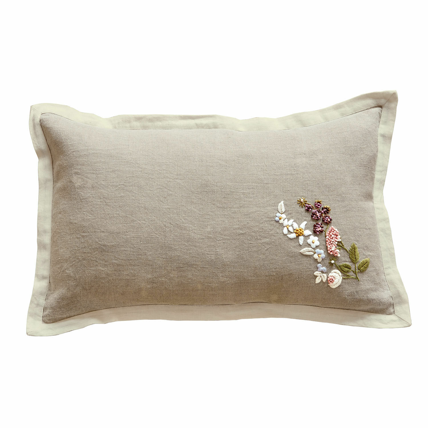 Kissenhülle Tavaline Beige Leinenkissen mit floraler Stickerei und cremefarbenem Rand, dekorativ fürs Wohnzimmer