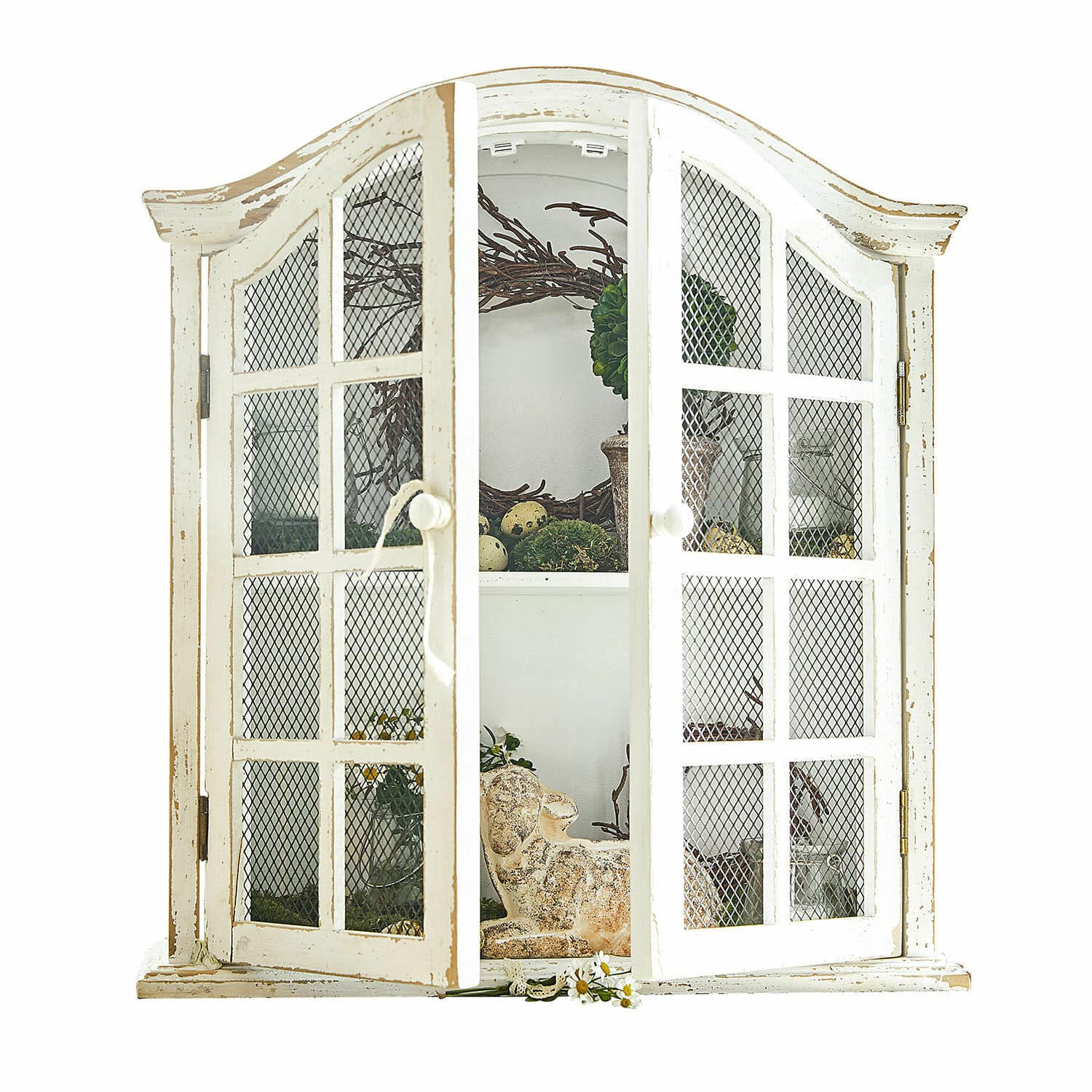 Wandschrank Monthelie Weiße Holzvitrine mit Gittertüren im Vintage-Stil, Dekoration innen, Wohnzimmermöbel