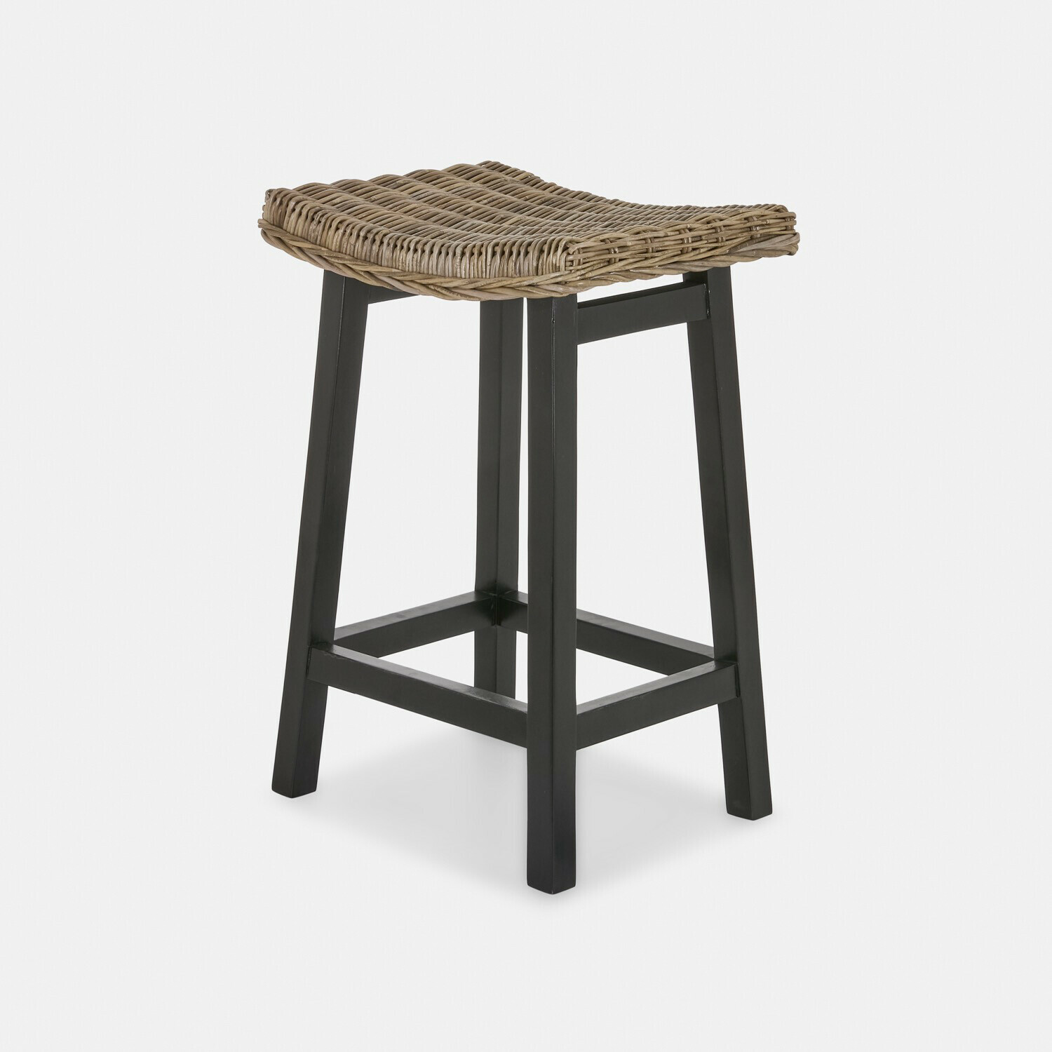 Hocker Arovian Barhocker mit schwarzen Beinen und geflochtenem braunem Rattansitz, Küchenmöbel