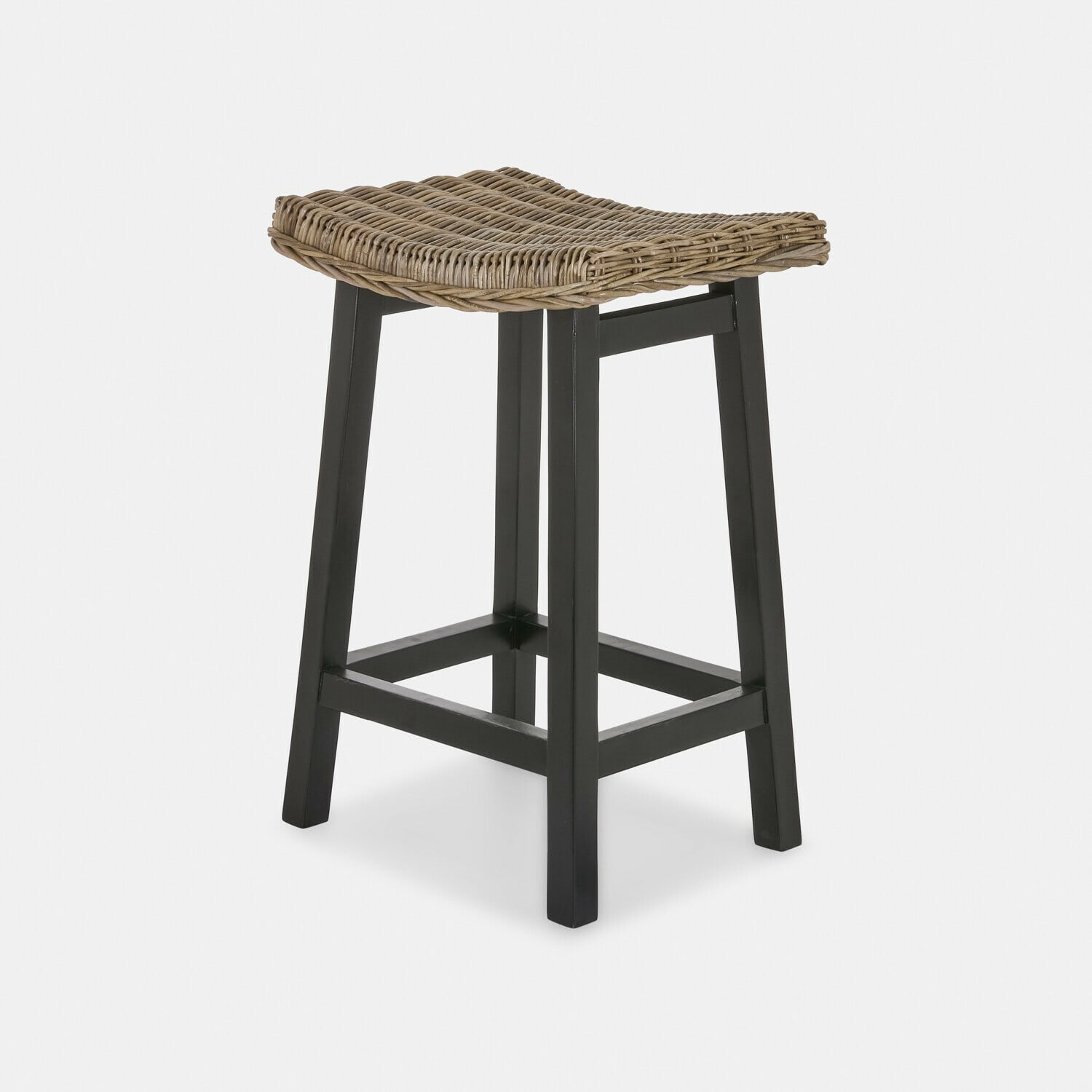 Hocker Arovian Barhocker mit schwarzen Beinen und geflochtenem braunem Rattansitz, Küchenmöbel