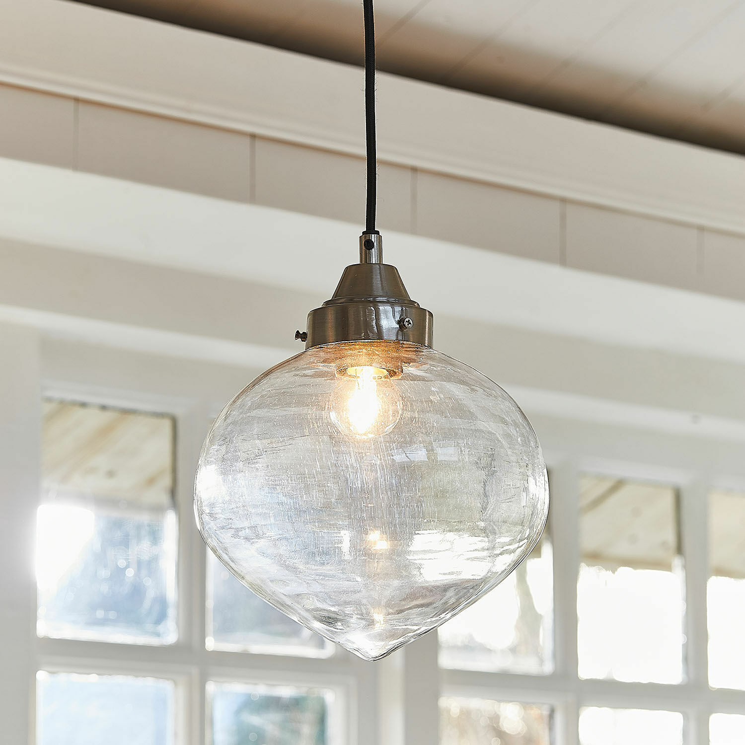 Hängelampe Lunariello Hängelampe aus klarem Glas mit silbernem Metallhalter, modernes Wohnzimmerlicht
